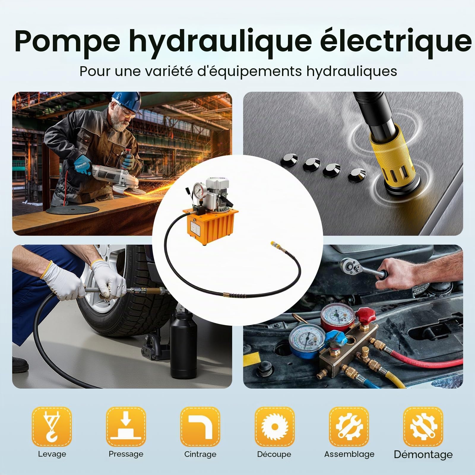 Pompe hydraulique électrique 750 W 220 V, groupe hydraulique professionnel jusqu'à 70 MPa/10 000 PSI pour cylindre hydraulique à double action, convient pour l'industrie avec manomètre pour lever