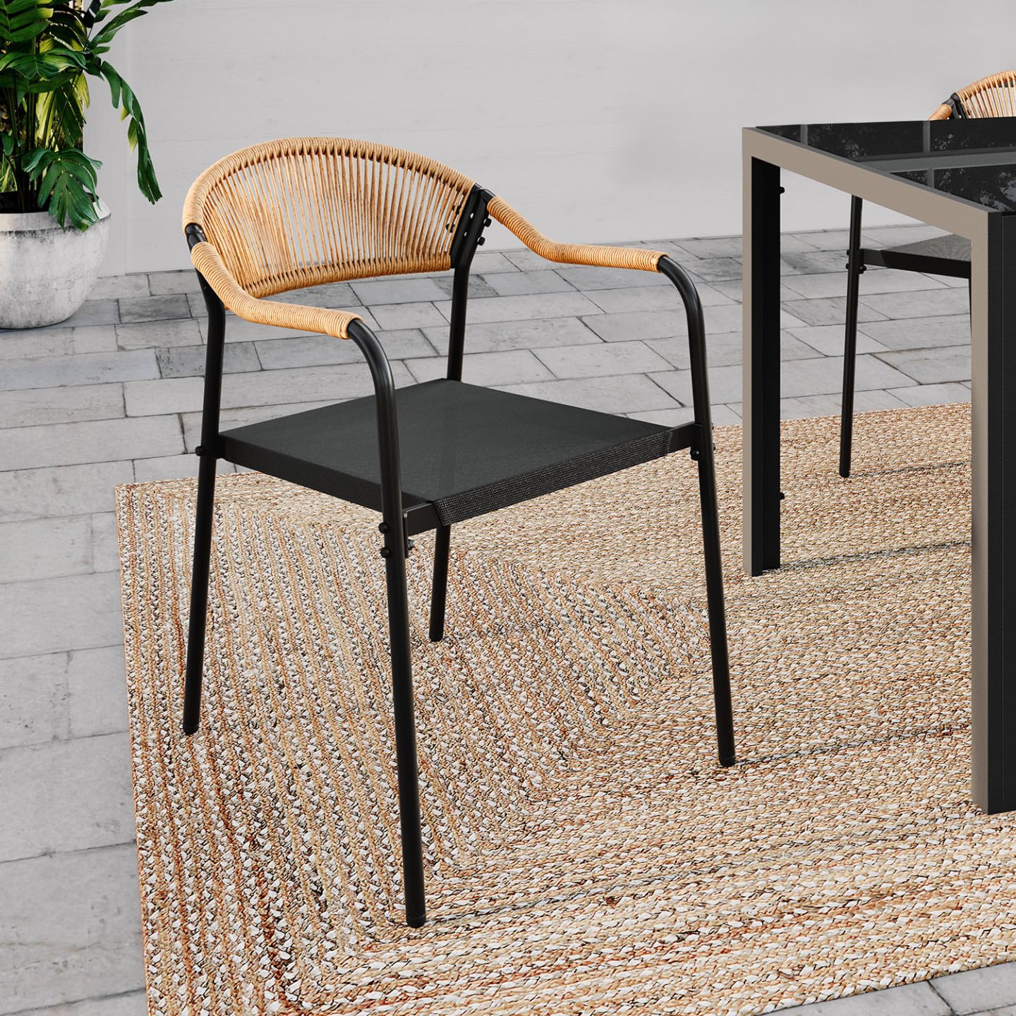IDMarket - Lot de 4 chaises de Jardin Madeira métal, Cordage et textilène Noir et rotin Clair