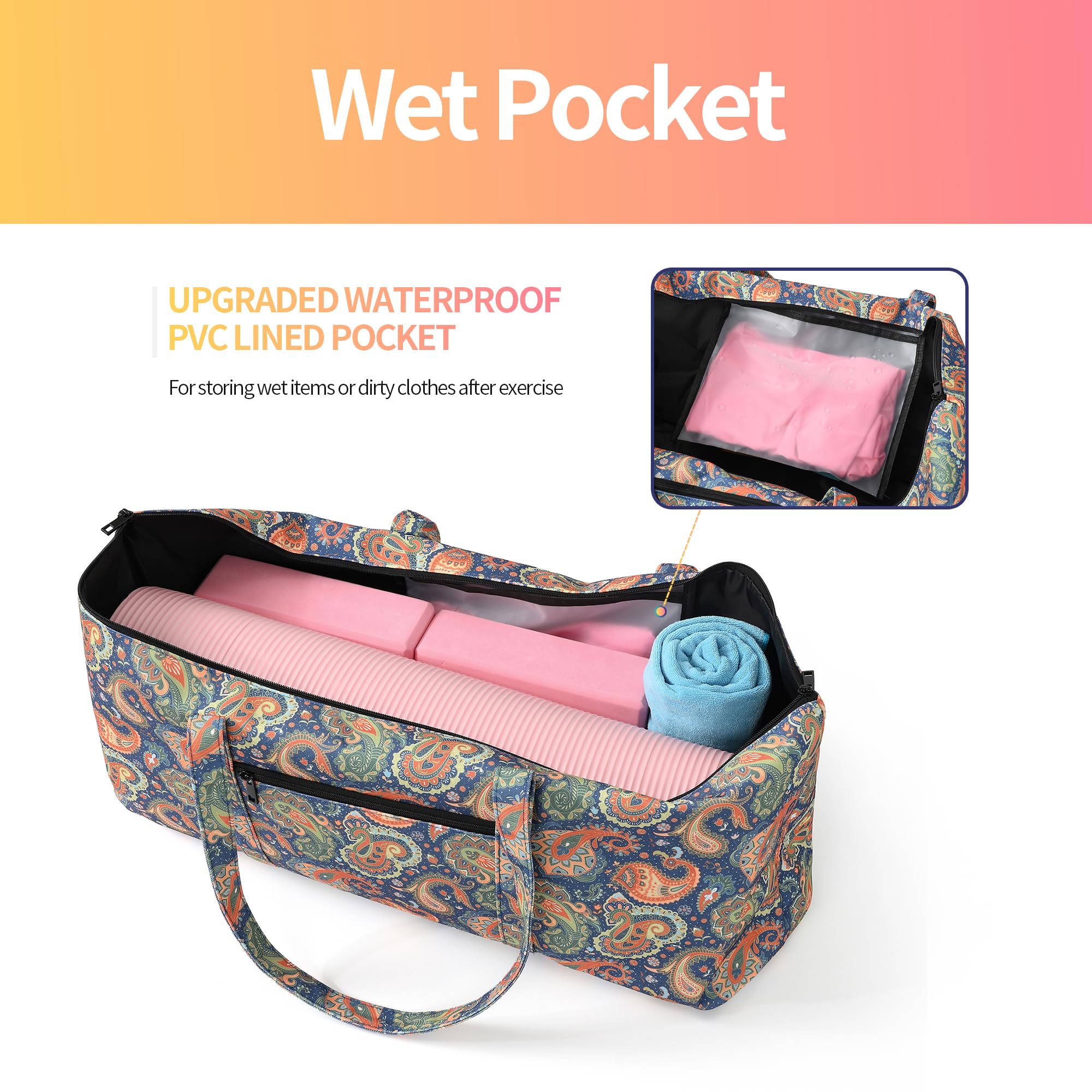 Boulder Bee Bolsa para esterilla de yoga con bolsillo húmedo, transportador grande para esterilla de yoga, regalos de yoga para mujeres, bolsa de gimnasio para viajes, oficina, playa, entrenamiento