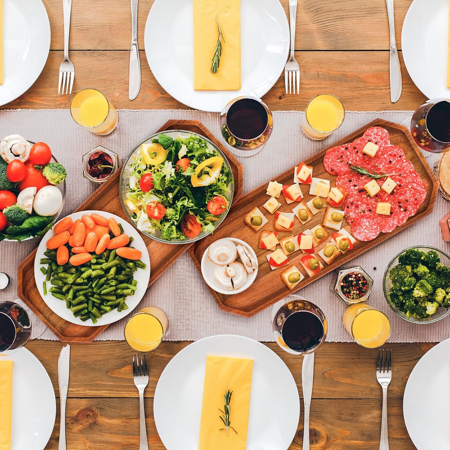 Dandat 12 Pack Wooden Serving Platter Acacia Wood Platters 12 x 5 Inch Rustic Serving Tray Rectangular Charcuterie Board Cheese Plate for Home Decor Dessert Vegetables Fruit Cookie - Image 5