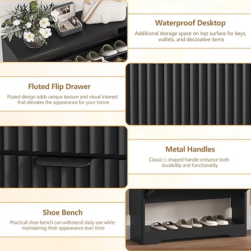 Miniatura 5 de Armario de zapatos para entrada con 2 cajones abatibles, armario de zapatos acanalado negro con almacenamiento abierto, zapatero oculto de madera