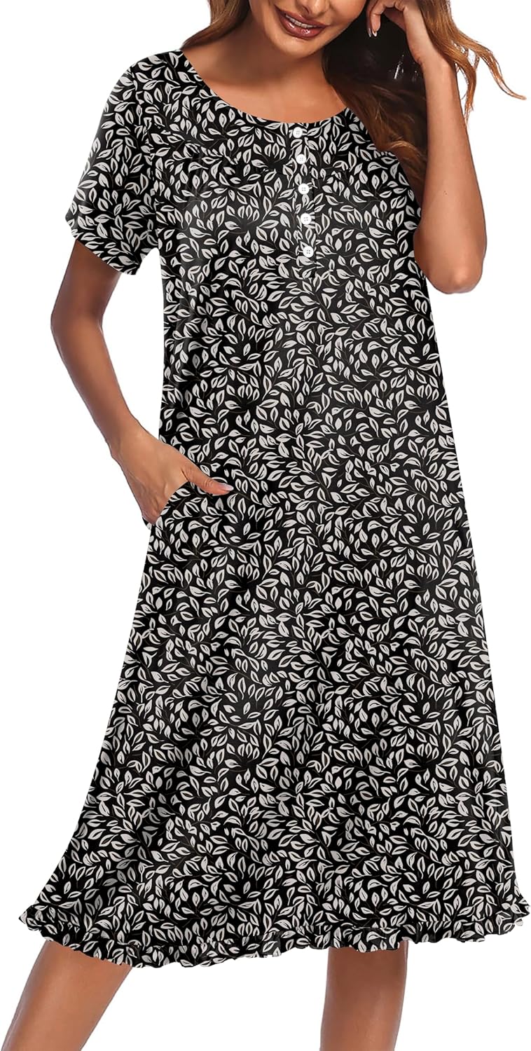 Ekouaer Nightgowns for Women with Pockets Button Front Short Sleeve House Dresses Floral Print Mumu Dress