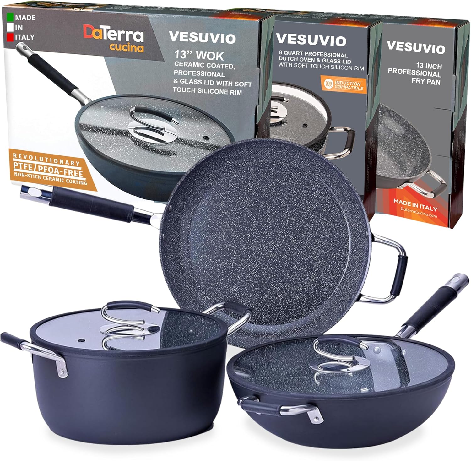 DaTerra Cucina Nonstick Family Cookware Set – 13" Frying Pan, 13" Wok with Lid, 8 Qt Dutch Oven with Lid – Induction Compatible, Oven Safe, Ceramic Nonstick, PTFE & PFOA Free – Made in Italy, Black