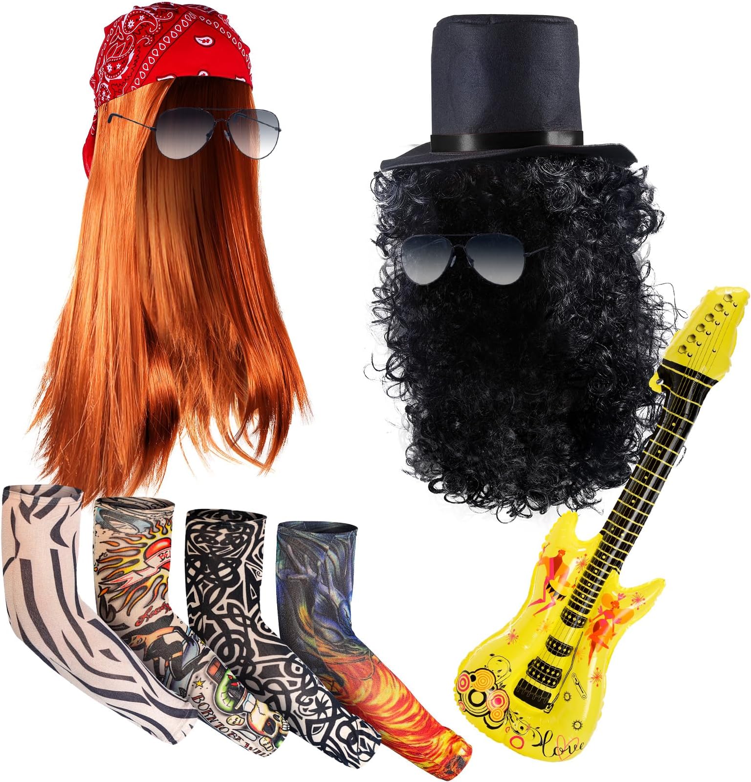 9 Pcs Rocker Costumes Set for Men Women 80s Rocker Wig Inflatable Guitar Tattoo Sleeve Sunglasses Bandana and Hat