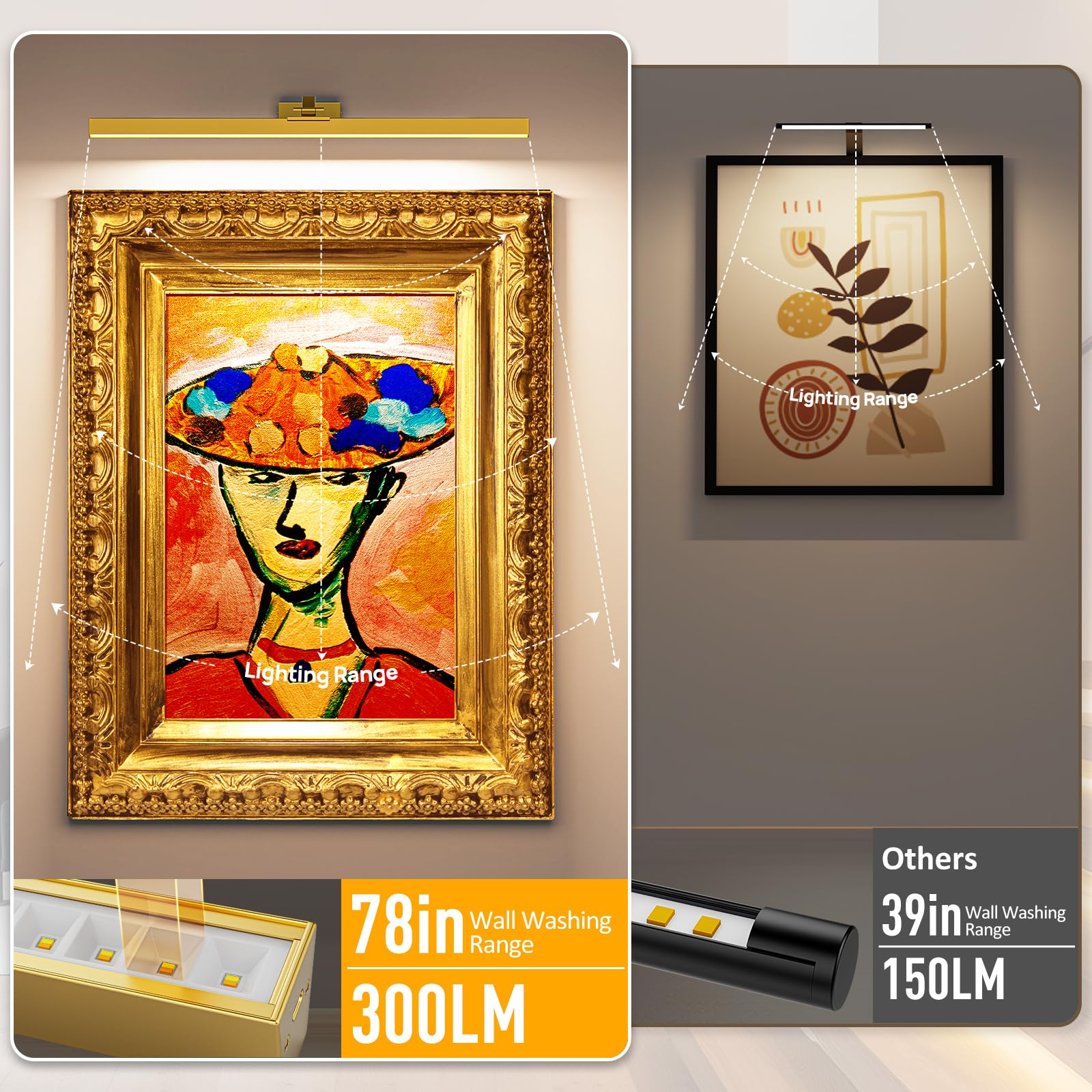 AIBOO - Lámpara LED inalámbrica recargable con mando a distancia, 60 cm, iluminación de imagen inalámbrica, 6500 mAh, lámpara de pared interior, iluminación regulable (dorado)