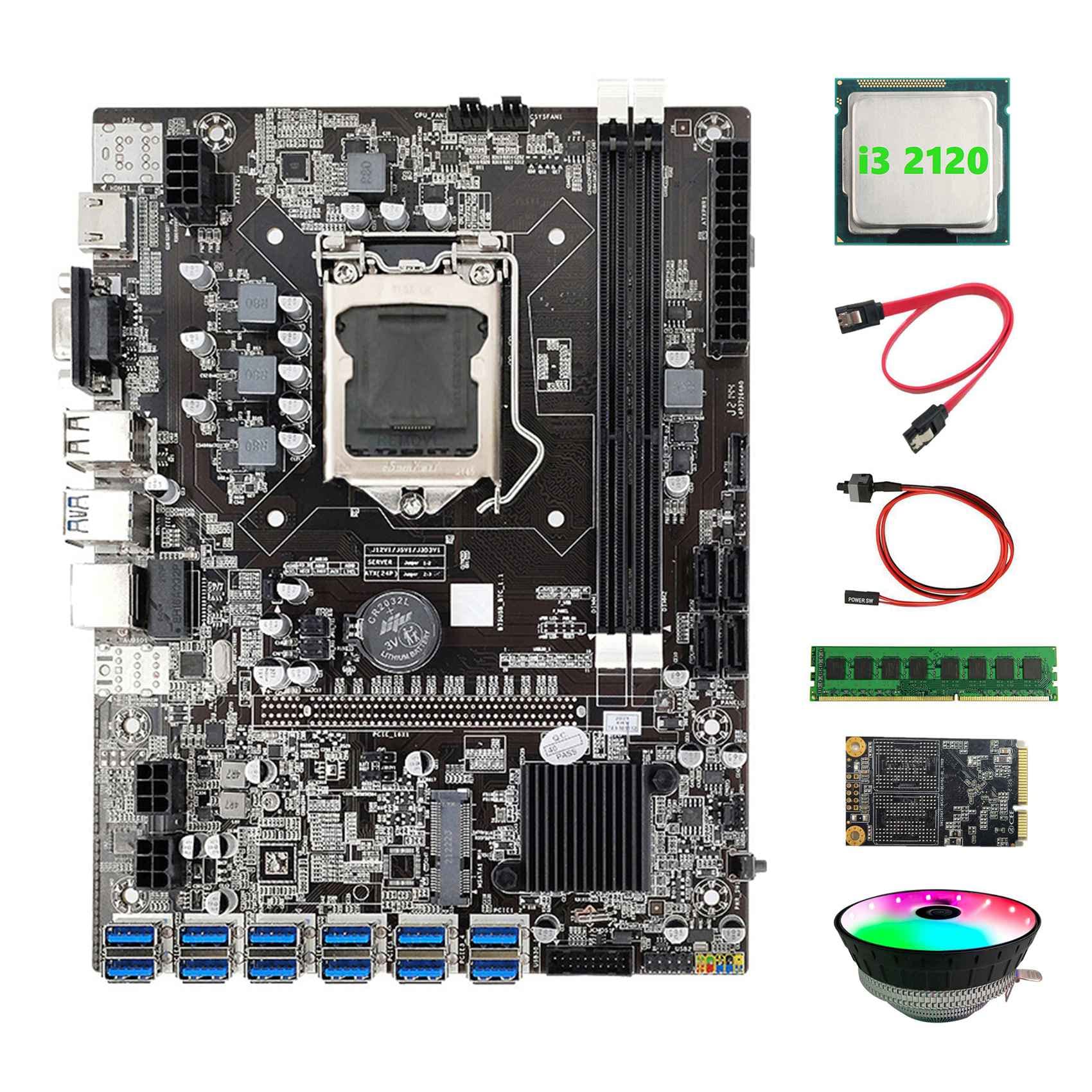 B75 BTC Mining Scheda Madre 12 USB+I3 2120 CPU+RGB Fan+DDR3 4GB 1600Mhz RAM+128G SSD+ Interruttore+ SATA Scheda Madre