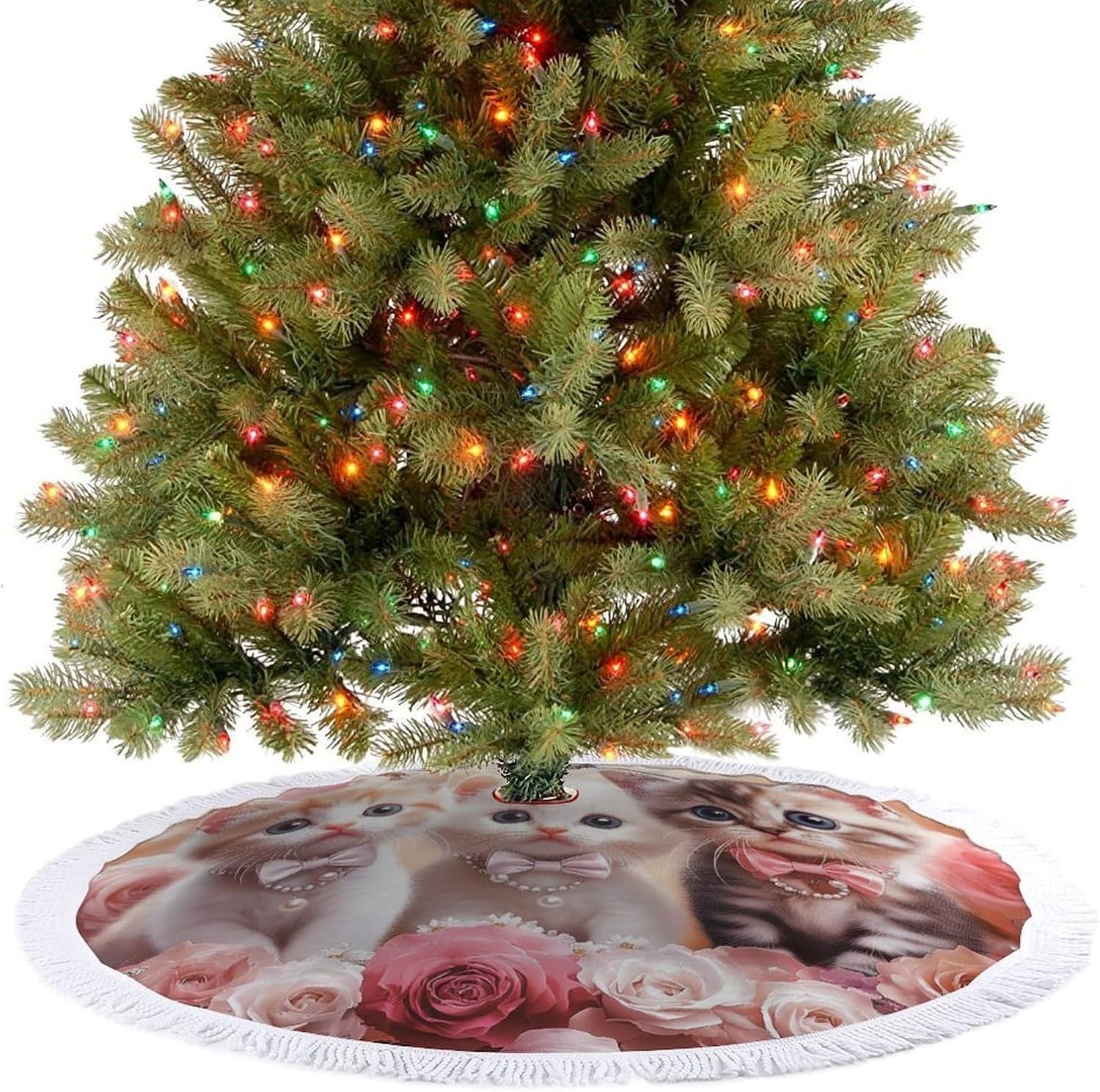 Cute Cat Kitty Christmas Tree Skirt Round Xmas Tree Mat Ornaments Tree Skirts with Tassels for Holiday Party