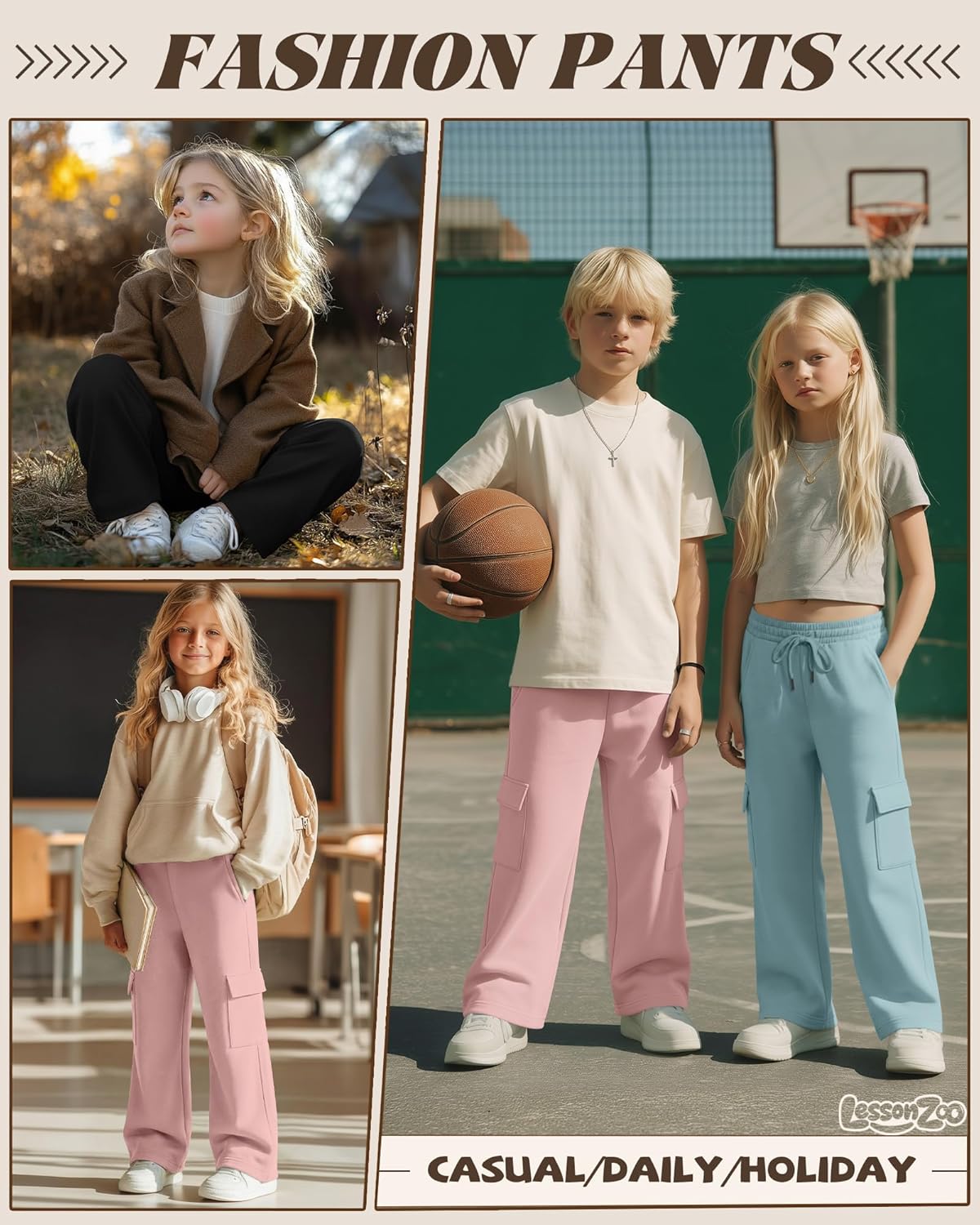 3 Pack Girls Wide Leg Sweatpants Kids Cargo Baggy Pants Drawstring Casual Athletic Joggers for Teens 5-14 Years