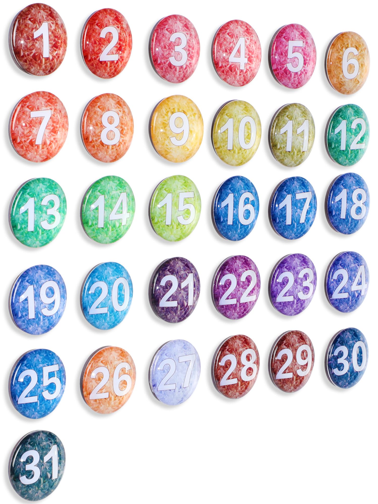 1-31 Magnetic Numbers Colored Glass Calendar Magnets for Whiteboard Dry Erase Board Fridge Schedule Refrigerator(Light Rainbow,1.38",Numbered)