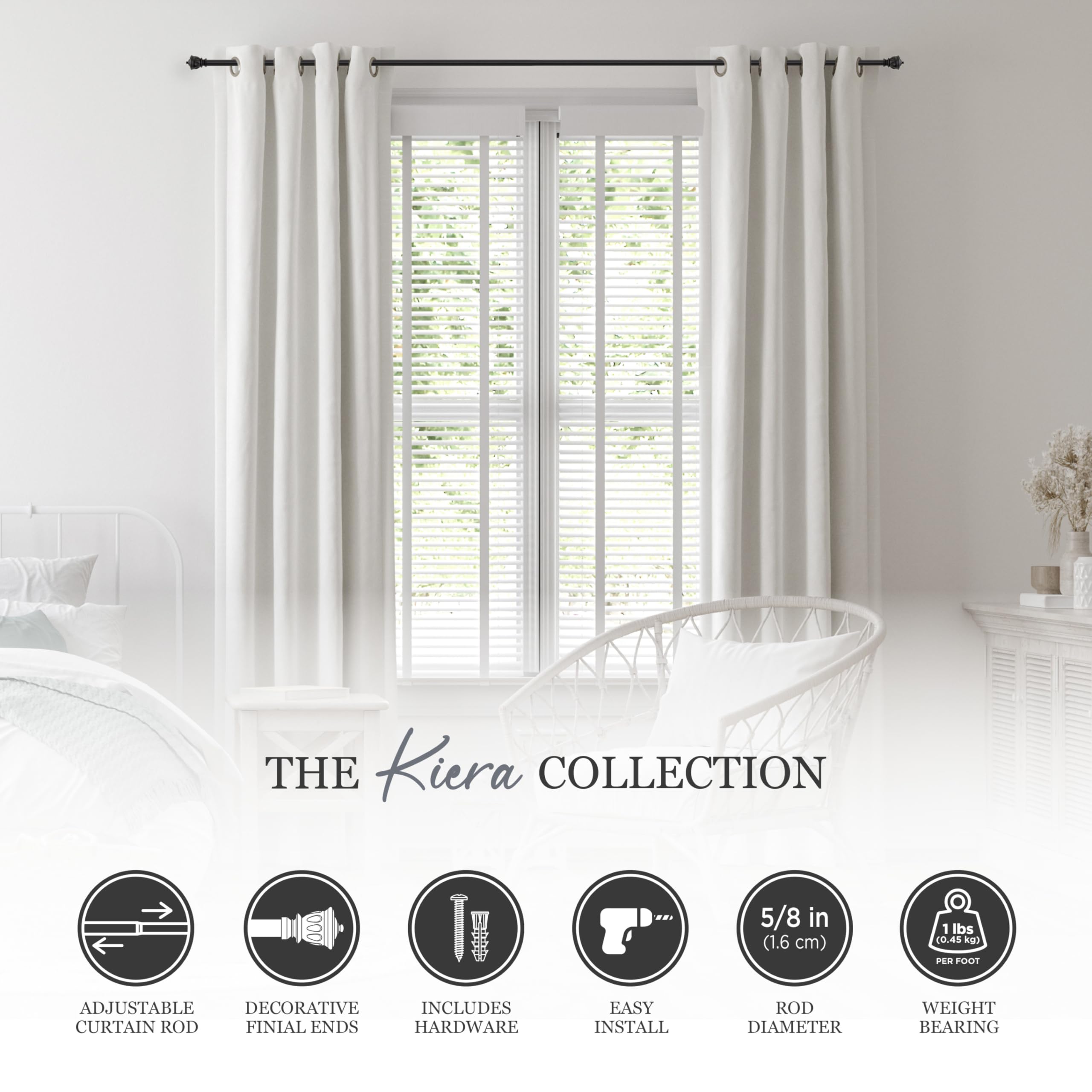 Kenney Kiera Crown Window Curtain Rod, Adjustable Curtain Rod for Windows 48 to 86 Inches, Extendable Curtain Rod Set, Matte Black Curtain Rod