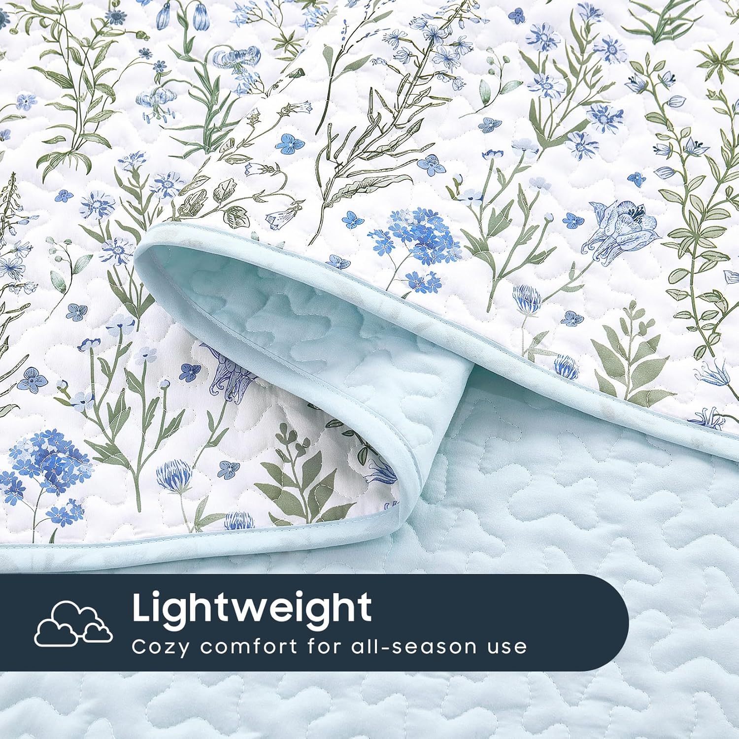 Wake In Cloud - Floral Quilt Set, Botanical Flower Shabby Chic Cottagecore Vintage Aesthetic Pattern, Reversible Lightweight Bedspread Coverlet, 3 Pieces, Blue White, Twin/Twin XL Size - Image 7