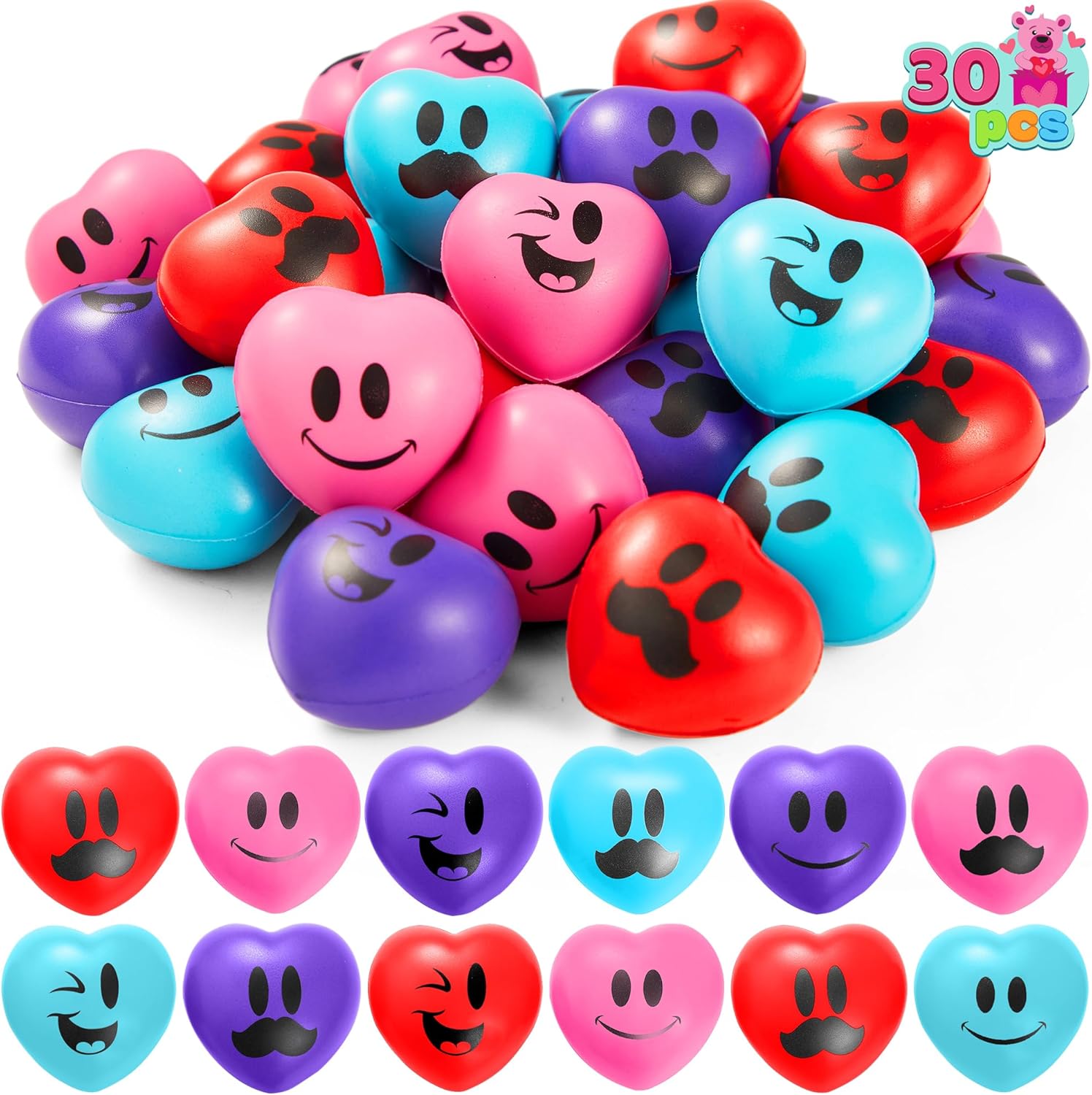 JOYIN 30 Pcs Valentine's Day Heart Shape Stress Ball, Valentines 1.5 inch Heart Ball Squishy Toy Exchange Gift for Kids, Stress Relief Party Favors, Holiday Reward Prizes