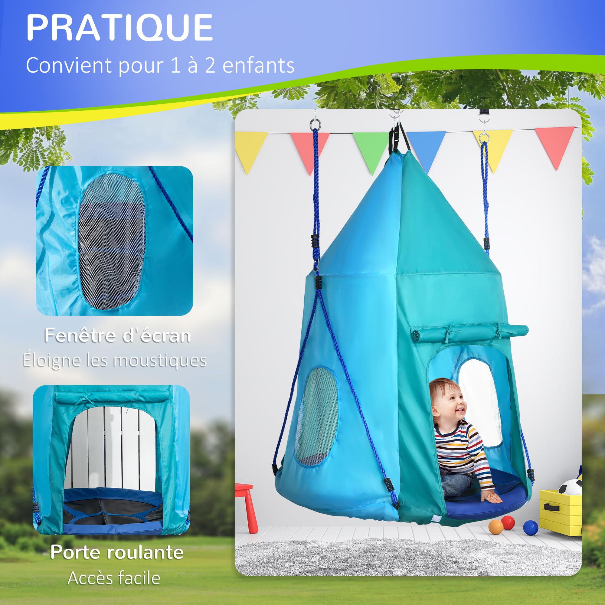 Outsunny Balançoire nid avec auvent Amovible Ø 100 cm, Bleu