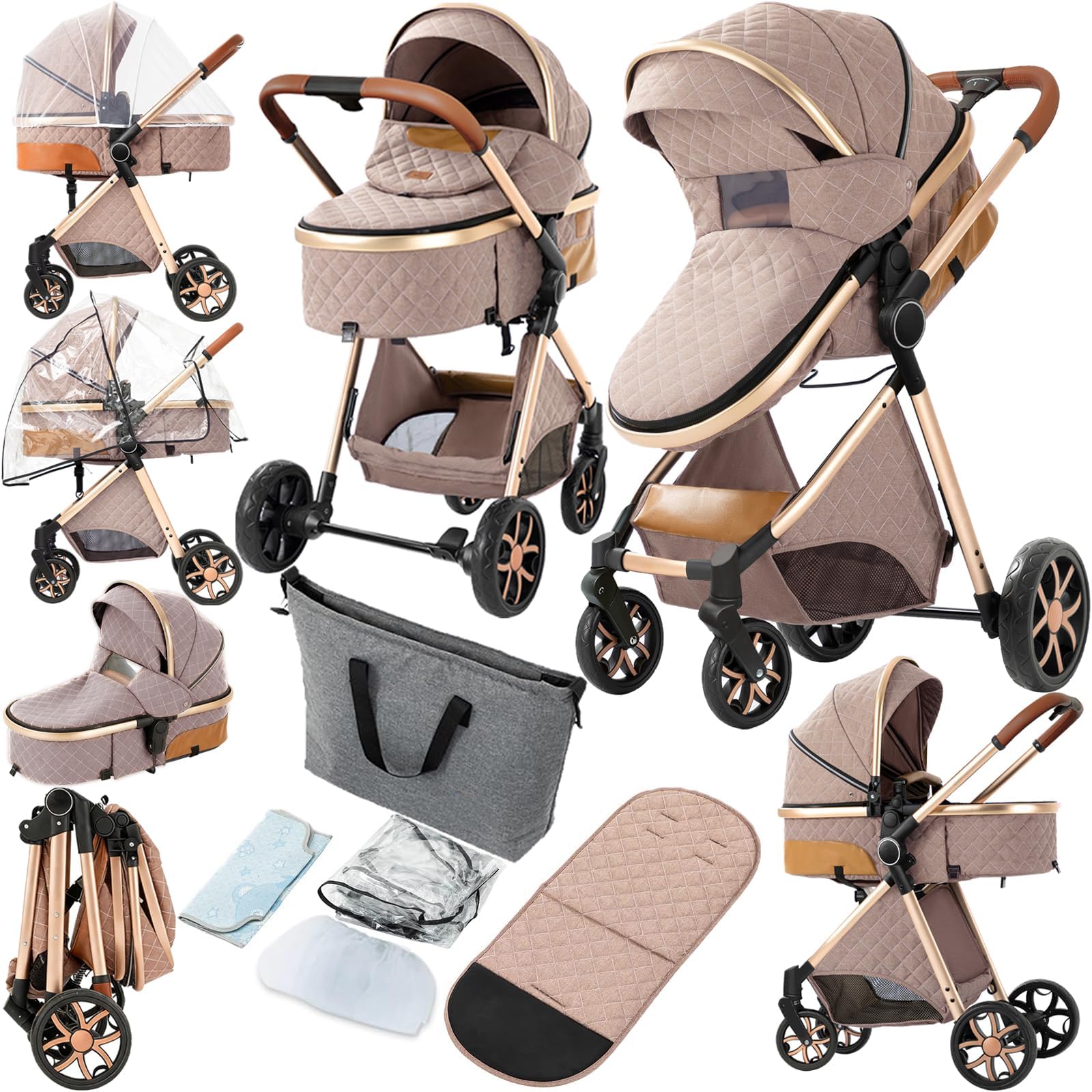 2 in 1 Baby Stroller, Convertible Pram, Reversible Standard Stroller, Portable Baby Buggy, Infant Carriage, Foldable High Landscape Pushchair for Toddler Newborn (225 Khaki)