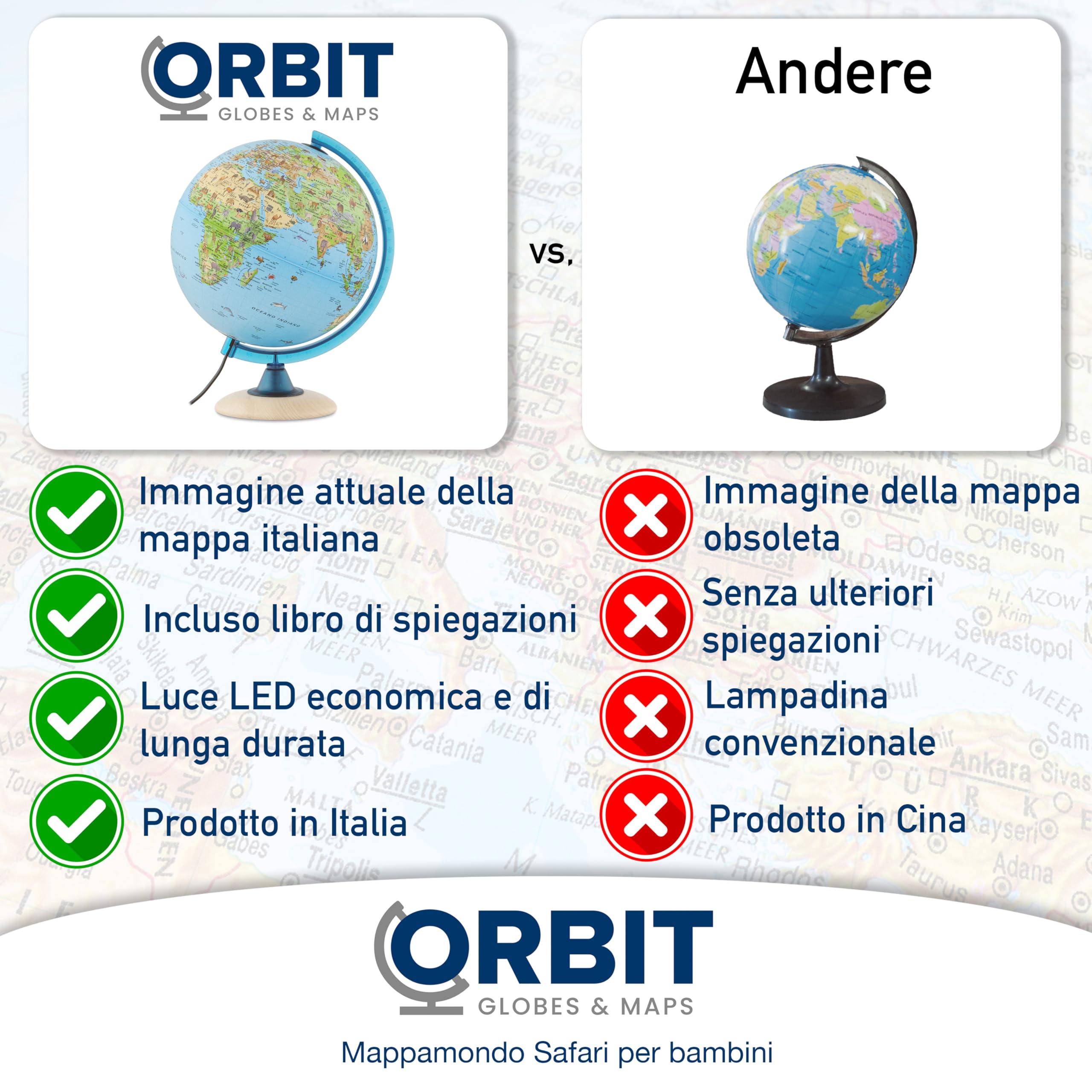 Mappamondo per bambini, Globo luminoso per bambini, diametro 25 cm, con tante illustrazioni interessanti, base di legno chiaro, testo in italiano
