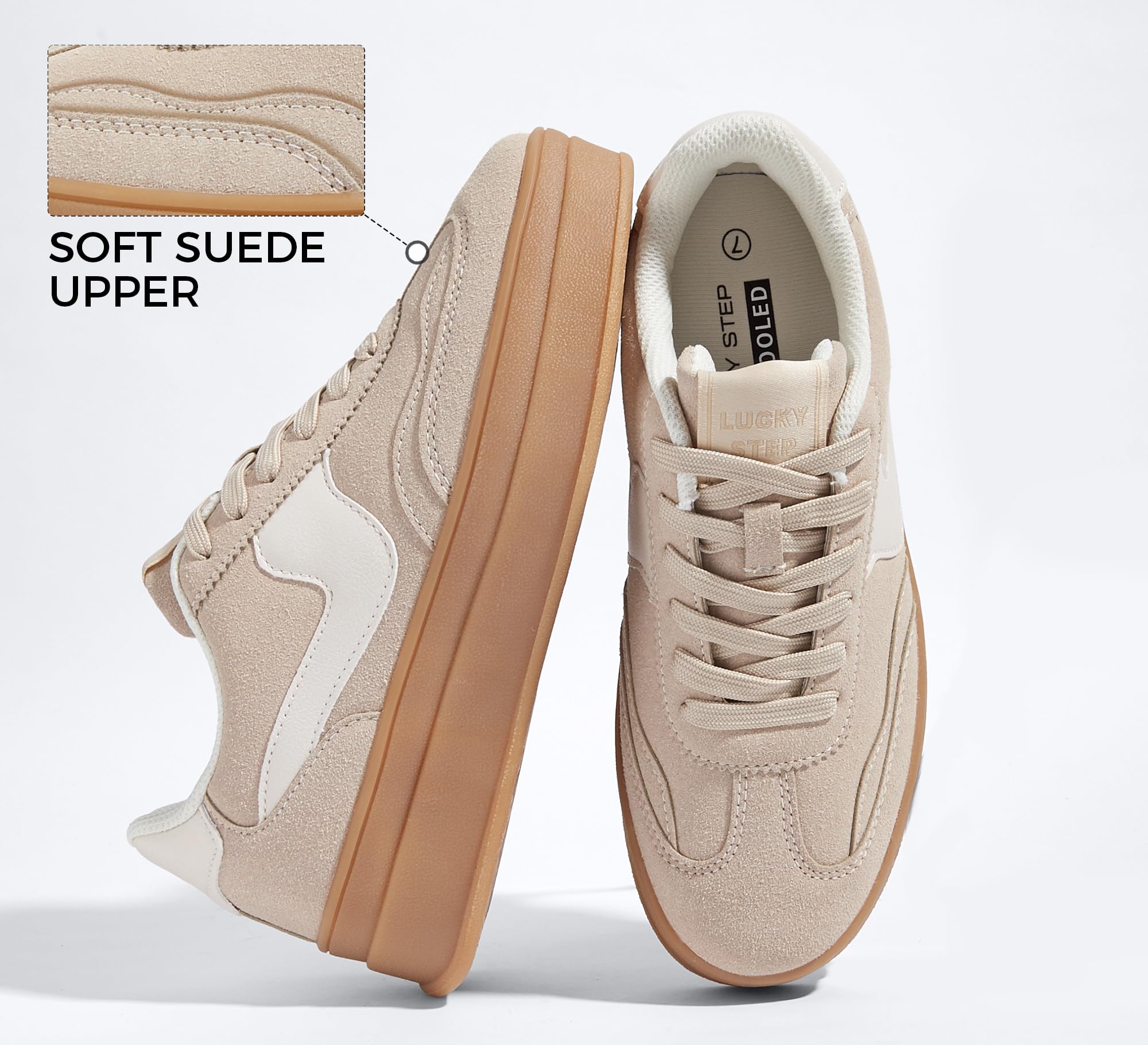 LUCKY STEP Women's Platform Fashion Sneakers Thick Sole Suede Genuine Leather Classic Rubber Gum Sole Low Top Casual Walking Shoes