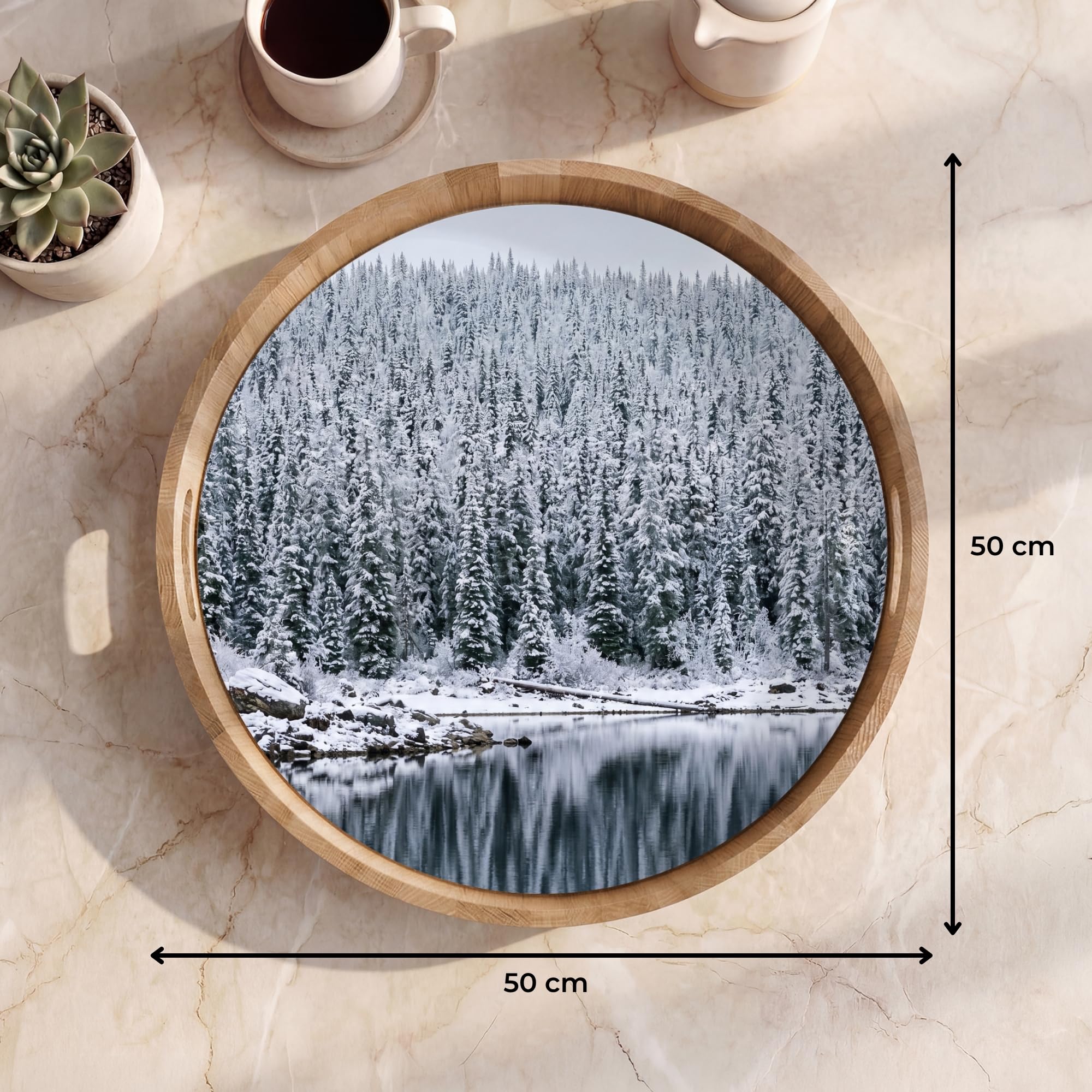 Tablett Rund 50x50 cm Serviertablett rutschfest Griff Küchentablett Servierplatte Eiche Holztablett Hitzebeständig Kaffeetablett Wald - Spiegelung - See - Winter - Gelassenheit