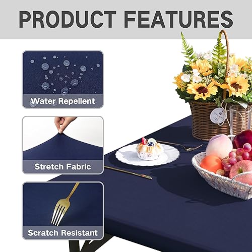 Miniatura 4 de Mantel cuadrado ajustable elástico de elastano para mesa, para comedor, cocina, hogar, fiesta, color azul marino, 34 x 34 pulgadas