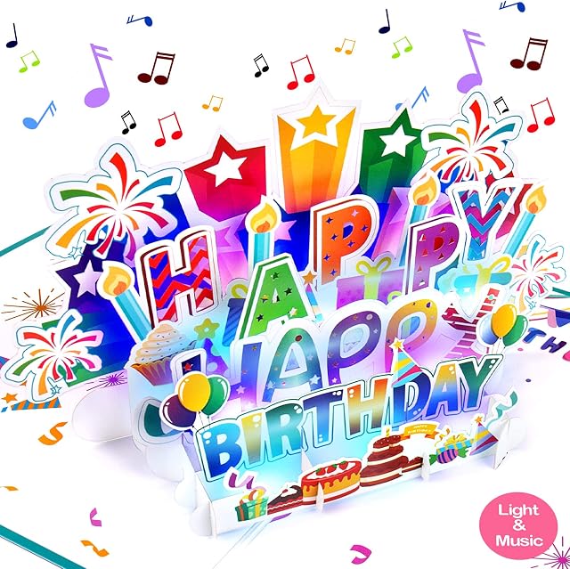 NORBASE Large Birthday Card with Recording Function, 3D Pop up Birthday Cards, Light and Music Happy Birthday Card, Musical Birthday Gift Greeting Card for Men, Women, Kids