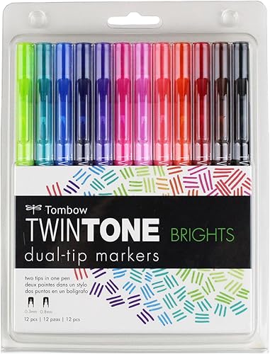 Tombow Juego de marcadores Twintone 61500, brillantes, paquete de 12. Marcadores de doble cara para una escritura audaz y precisa
