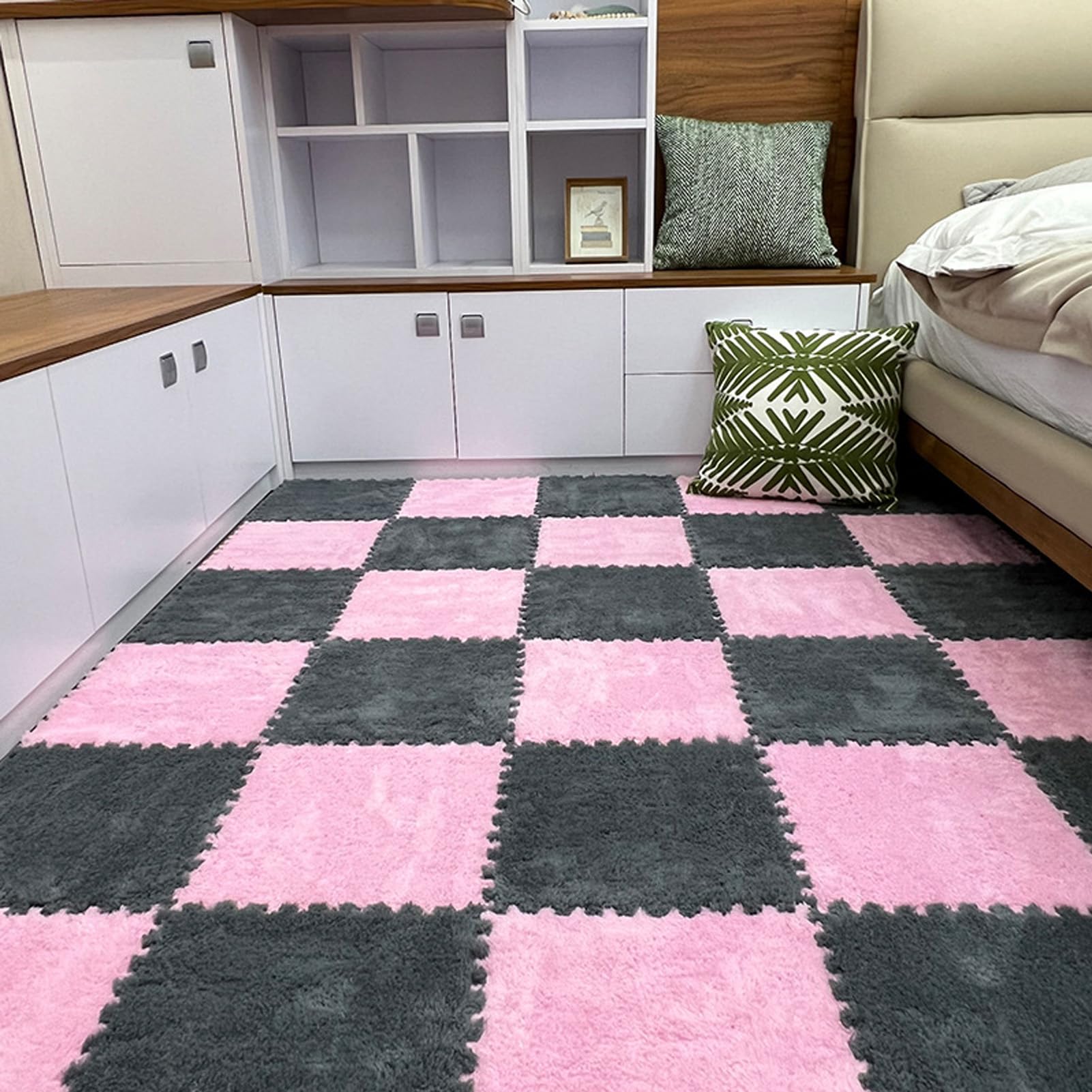 Tapis en Mousse, Lot de 2 Dalles Moquette emboîtables Multicolores 12x12x0,4po(Pink+Grey)