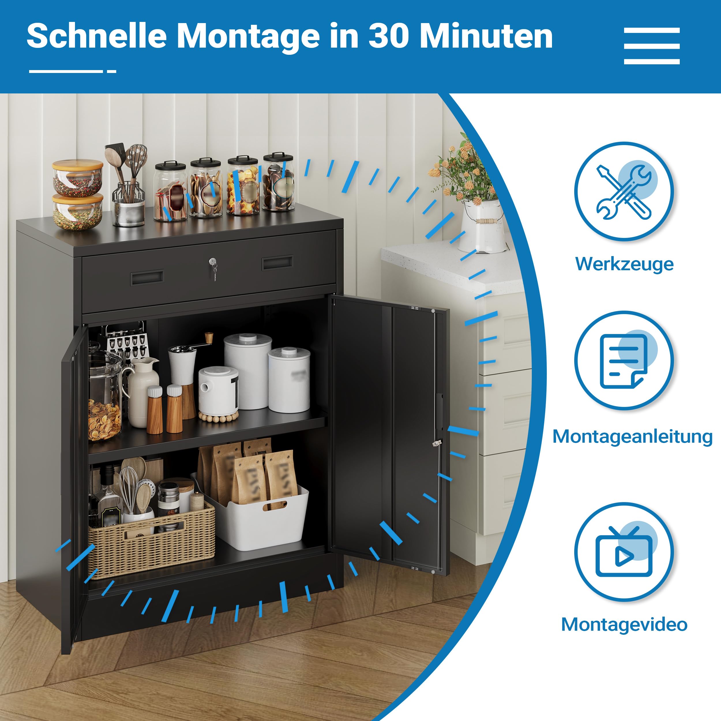 Aktenschrank, Mehrzweckschrank,Büroschrank mit abschließbarem Schubfach und 1 höhenverstellbaren Einlegeboden, Aufbewahrungsschrank aus Stahl, Werkzeugschrank für Garage, Büro(90*80*40,Schwarz)
