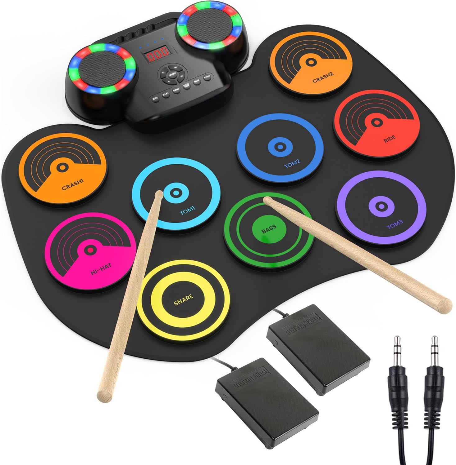 Electronic Drum Set, 9 Pad Roll-up MIDI Drum with 2 Speakers/Pedals/Headset Jack/Drumsticks, BT Wireless Portable Practice Pad