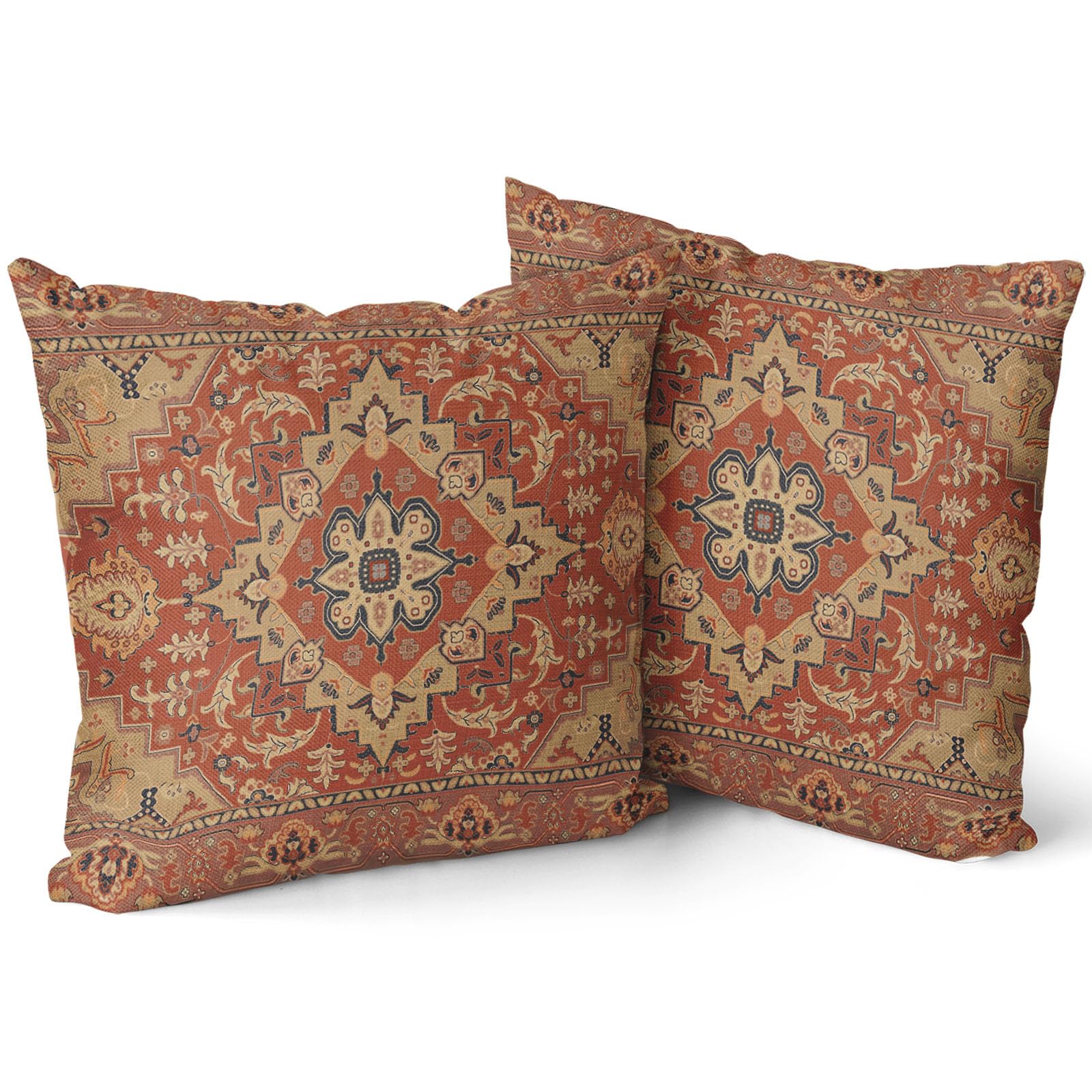 Kawani Aztec Terracotta Bohemian Pillow Covers 22x22 Inch Rust Orange Boho Flower Rug Print Carpet Pillow Cases Set of 2 Antique Tapestry Rustic Retro Western Throw Pillows for Outdoor Cushion Couch — image 1
