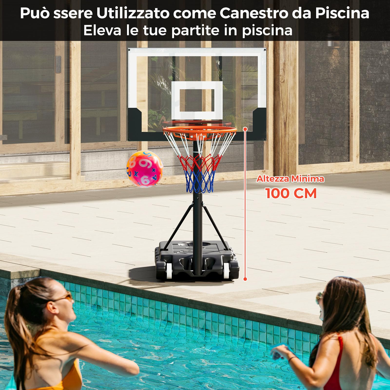 COSTWAY Canestro da Basket Esterno ed Interno Regolabile 100 cm-212 cm, Canestro da Basket per Bambini/Adolescenti Portatile con Tabellone in PC, Base Riempibile e Ruote