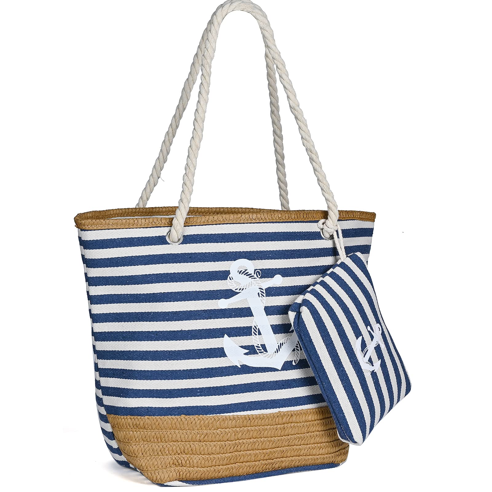 KESUDE Bolsa de Playa Mujer, Bolso Playa Grande xxl Familiar con Cremallera y Asa de Cuerda,Bolsa Piscina Bolso Shopper Mujer Lona de Verano para Playa/Viajes/Uso Diario
