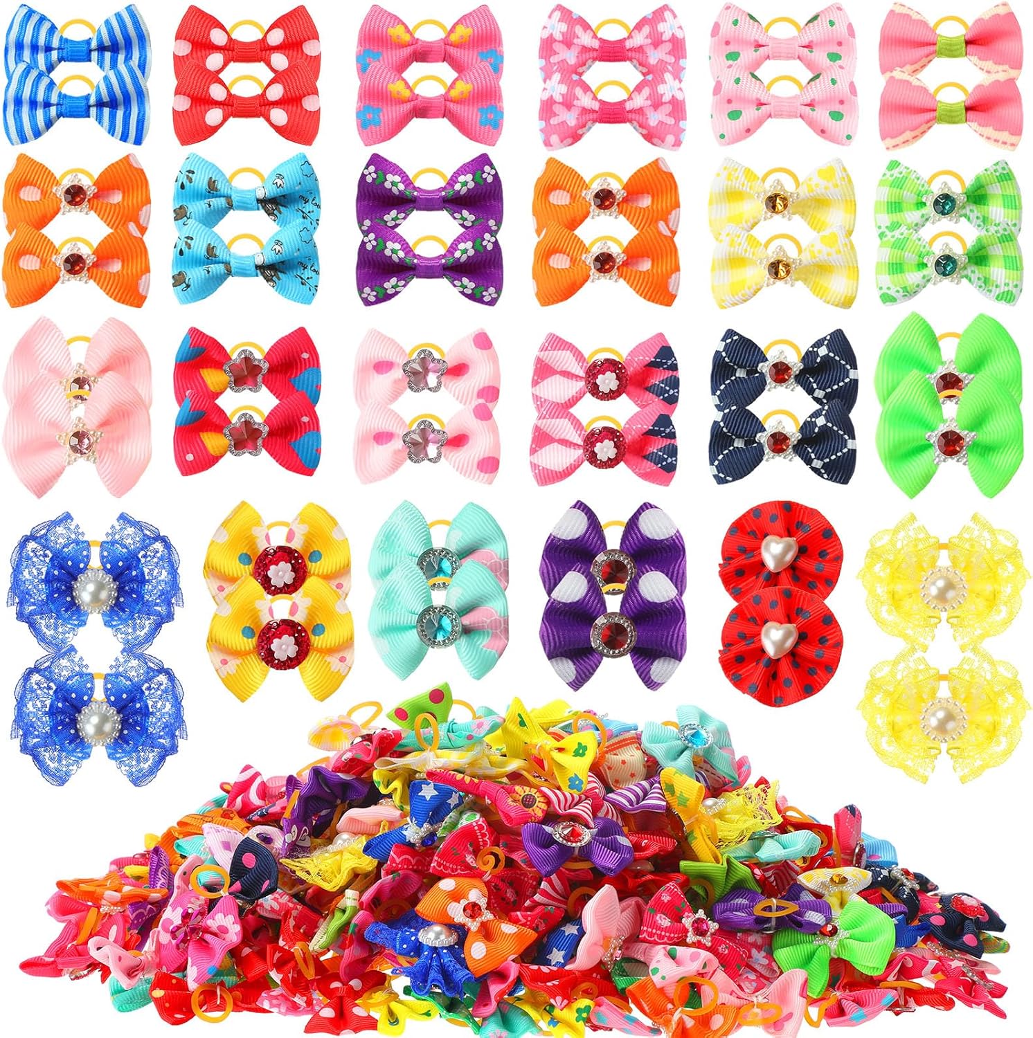 Reginary 300 Pack Dog Bows Grooming Cute Dog Hair Bows Girl with Rubber Bands Small Puppy Bowknots Colorful Hair Accessories for Puppies Pets Gift