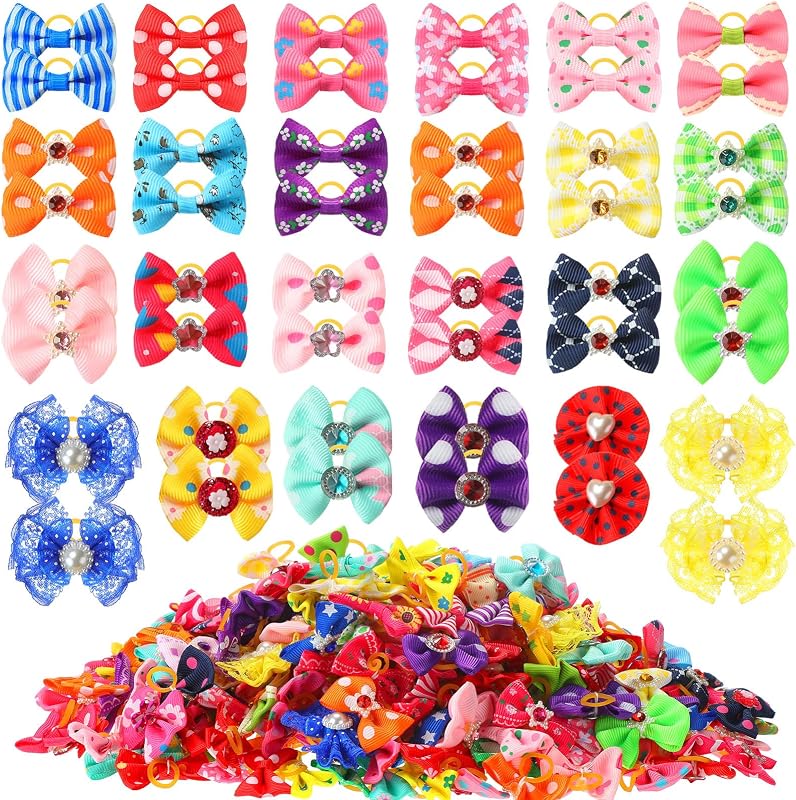 Reginary 300 Pack Dog Hair Bows with Rubber Bands Grooming, Classic Style | Colorful Bowknots for Small Puppies, Small Puppy Bowknots, Pet Styling Accessories, Easy Attach Girl Dogs Gift Set