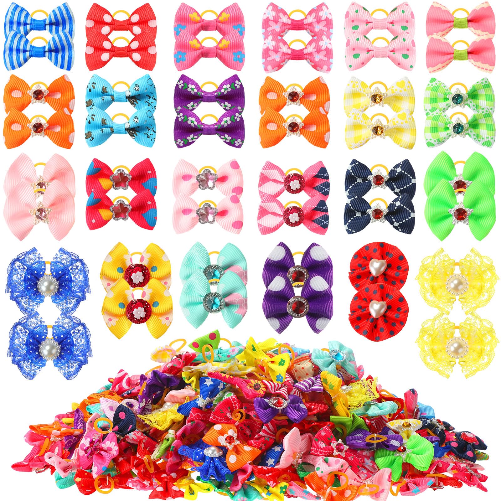 Reginary 300 Pack Dog Bows Grooming Cute Dog Hair Bows Girl with Rubber Bands Small Puppy Bowknots Colorful Hair Accessories for Puppies Pets Gift