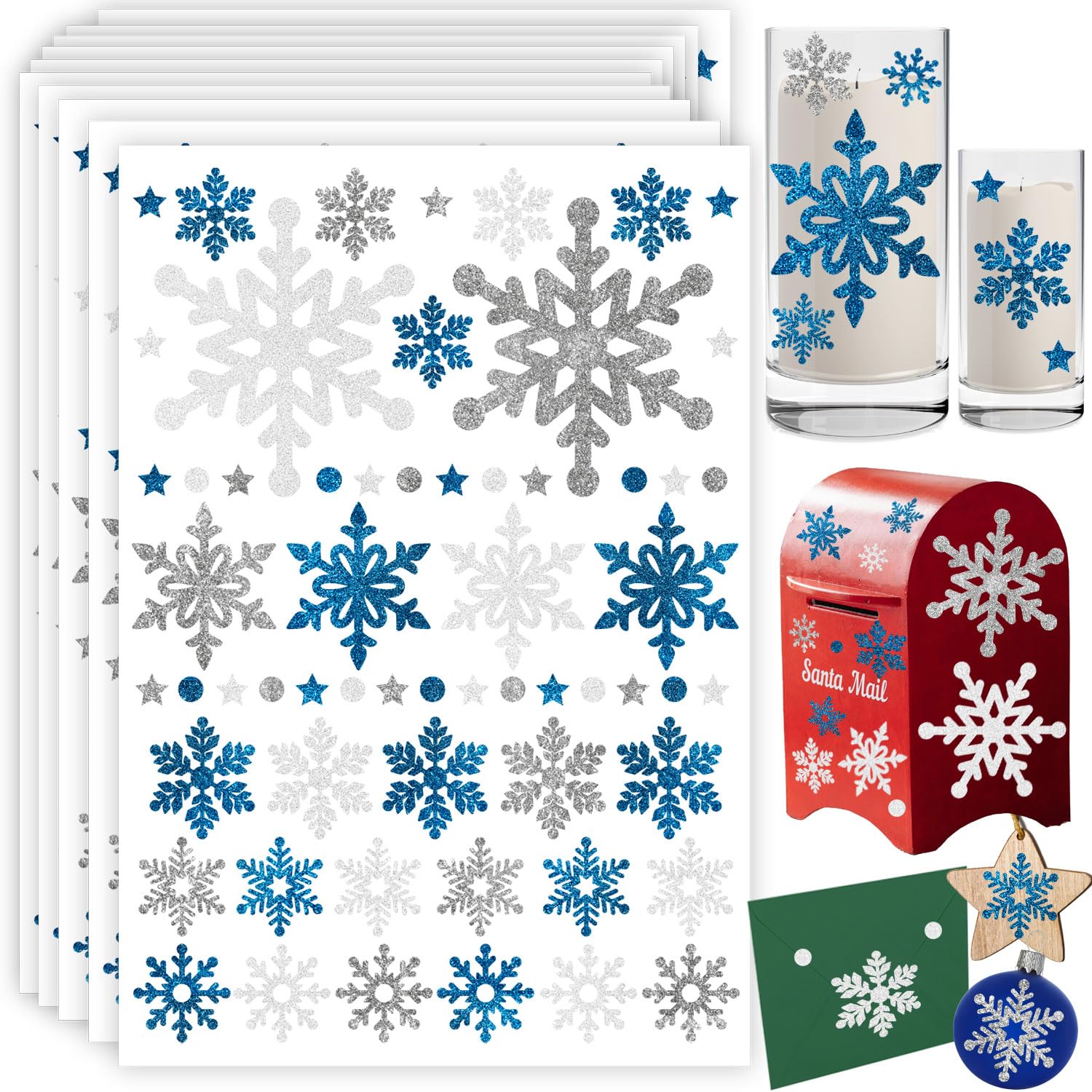 Schneeflocken Aufkleber Groß Echt Glitzer Weihnachtsaufkleber für Umschläge Schneeflocken Aufkleber zum Basteln Weihnachtskarte Aufkleber für Umschläge Blau, Weiß Silber Schneeflocken Aufkleber Happy