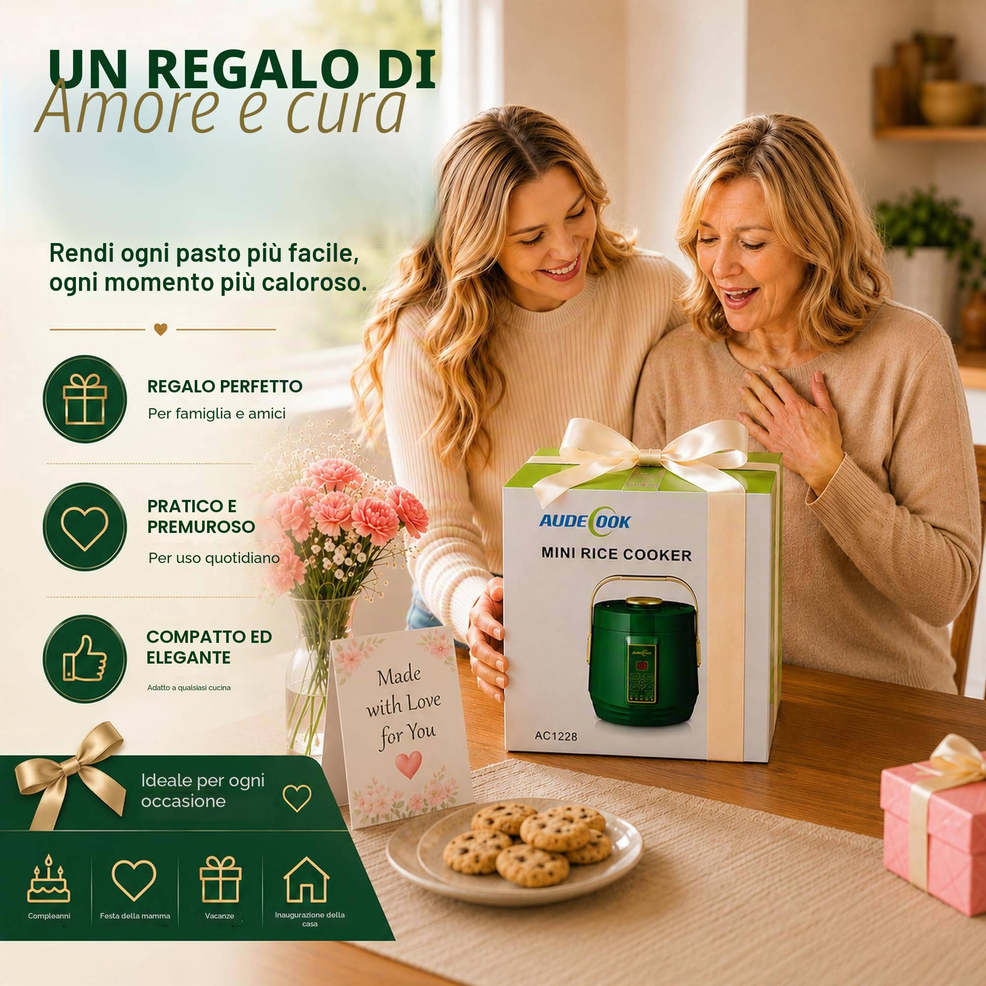 Audecook Cuociriso Elettrico 1.2L con Funzione di Low Sugar e Vaporiera Per 1-2 Persone, 5 Programmi Multicooker, Pentola Rice Cooker Mini con Funzione di Mantenimento In Caldo, Timer (Verde)