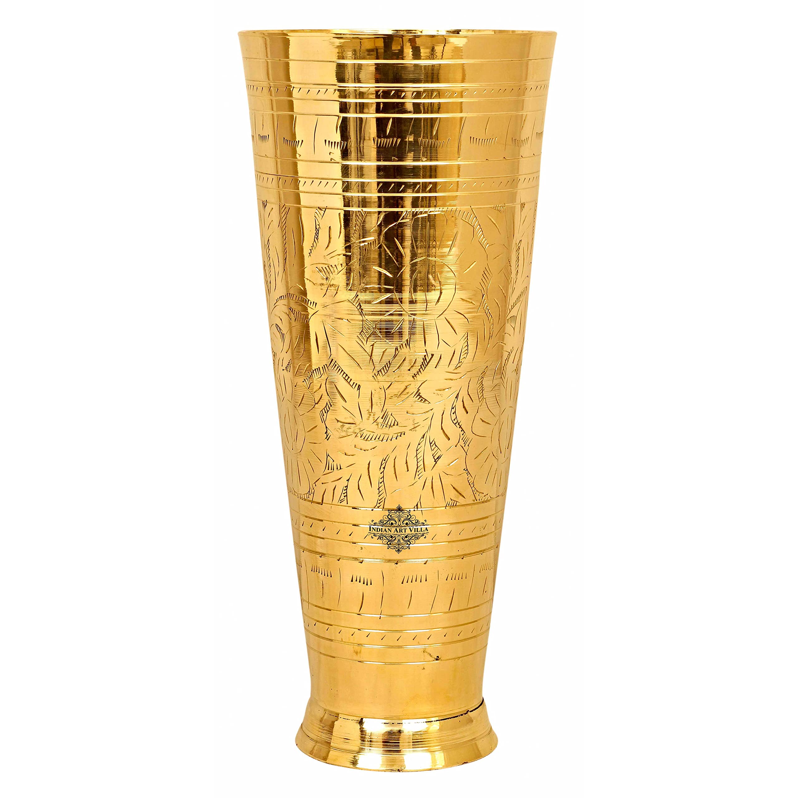 Indian Art Villa Embossed Flower Design Brass Lassi Glass Tumbler, Drinkware Home Restaurant, 54 Oz, Gold