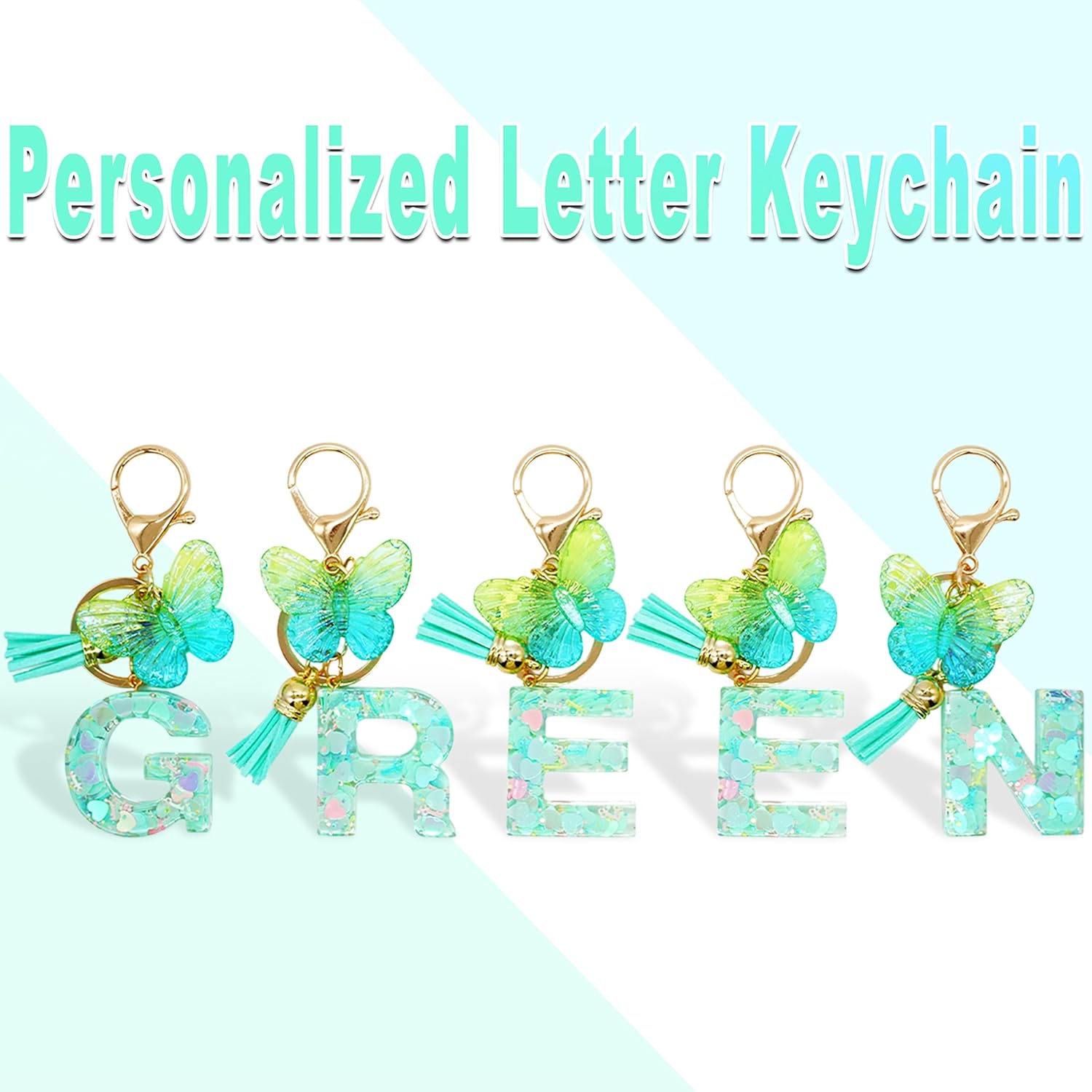 Alphabet Initial Letter Keychains for Women Blue Green Tassel Butterfly Pendant Car Key Ring for Backpack Handbags Charm - Image 6