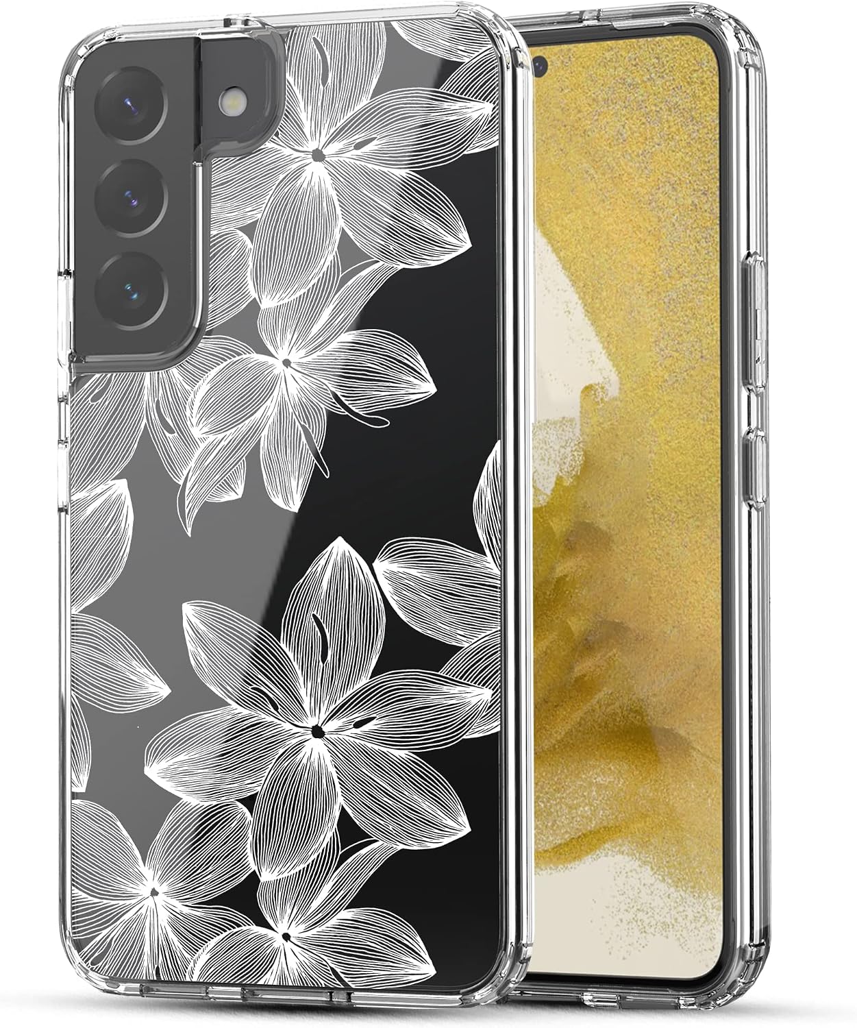 Galaxy S22 Case, RANZ Anti-Scratch Shockproof Series Clear Hard PC+ TPU Bumper Protective Cover Case for Samsung Galaxy S22 (6.1") - White Flower
