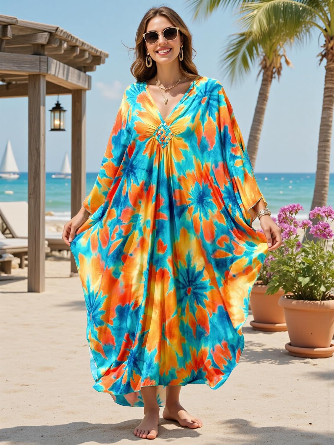 Kaftan Dresses for Women Plus Size Caftan Swimsuit Cover Up, Boho Beach Dress with Batwing Sleeves - Image 4