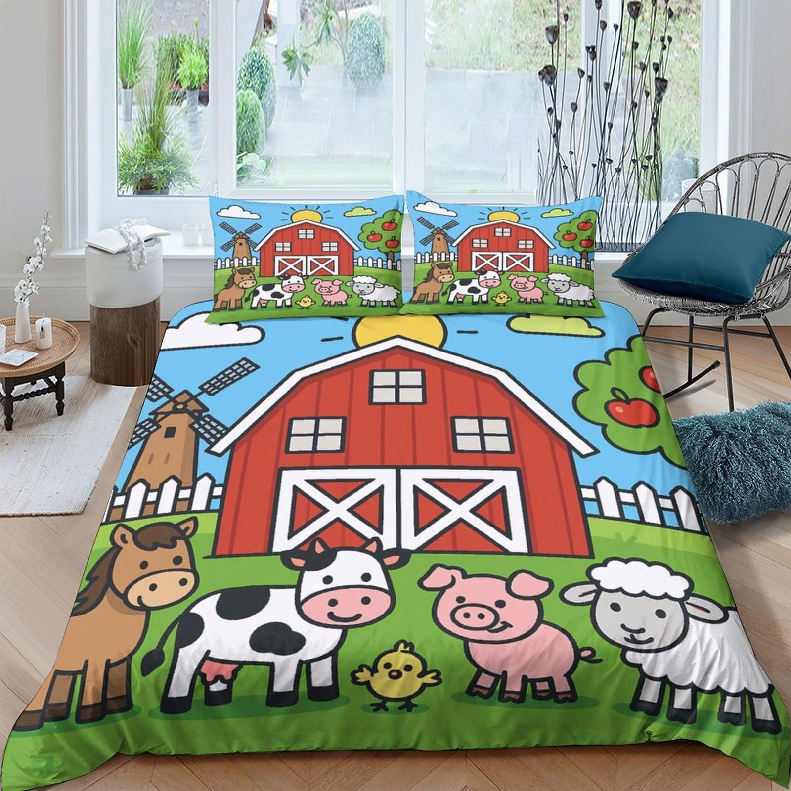 Ctjqhvkz Style-9 3D Printed Farm Barn Cartoon Fitted Sheet Microfiber Animal Pattern Bed Cover For Bedroom Dorm Mattress Decor Single（135X200cm）