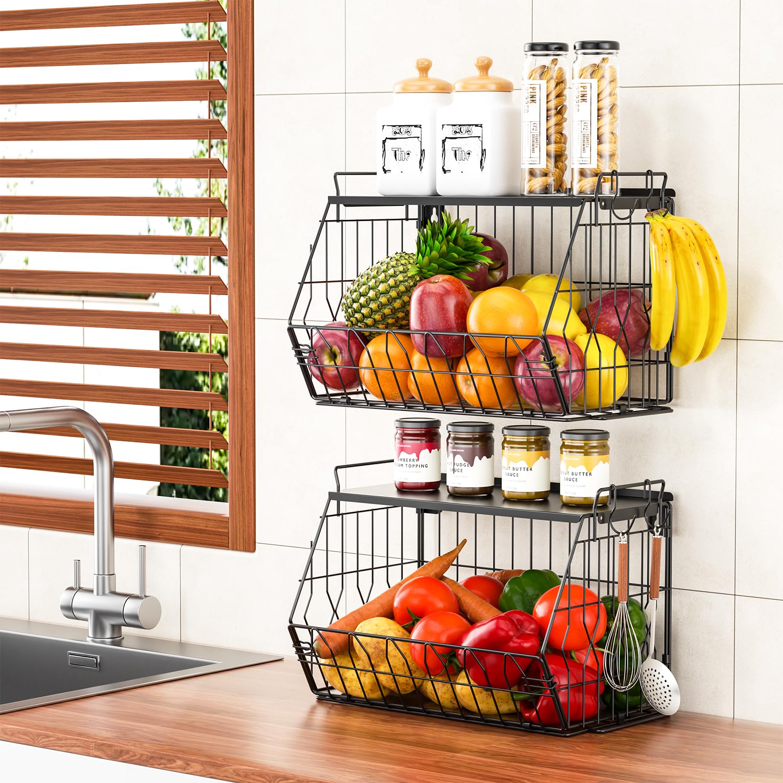 YSD Panier a Fruit, Corbeille à Fruits Murale 2 Étagères Métal - Panier Rangement Cuise Étagère Empilable pour Fruits, Légumes, Salle de Bain, Buanderie - Organisateur Gain de Place