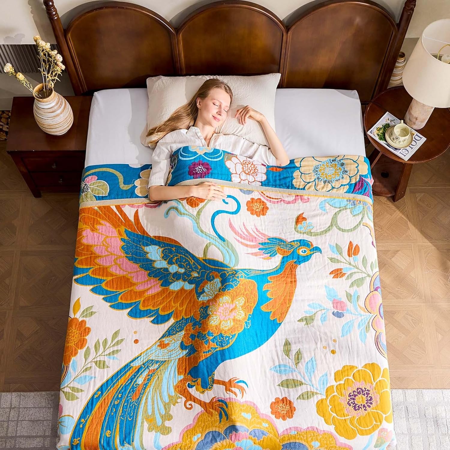 Boho Throw Blanket, Lightweight Blankets for Summer, 100% Cotton Bohemian Decorative Throw Blanket, 90"x98" Reversible Muslin Breathable Woven Farmhouse Blankets Quilt, - Image 8