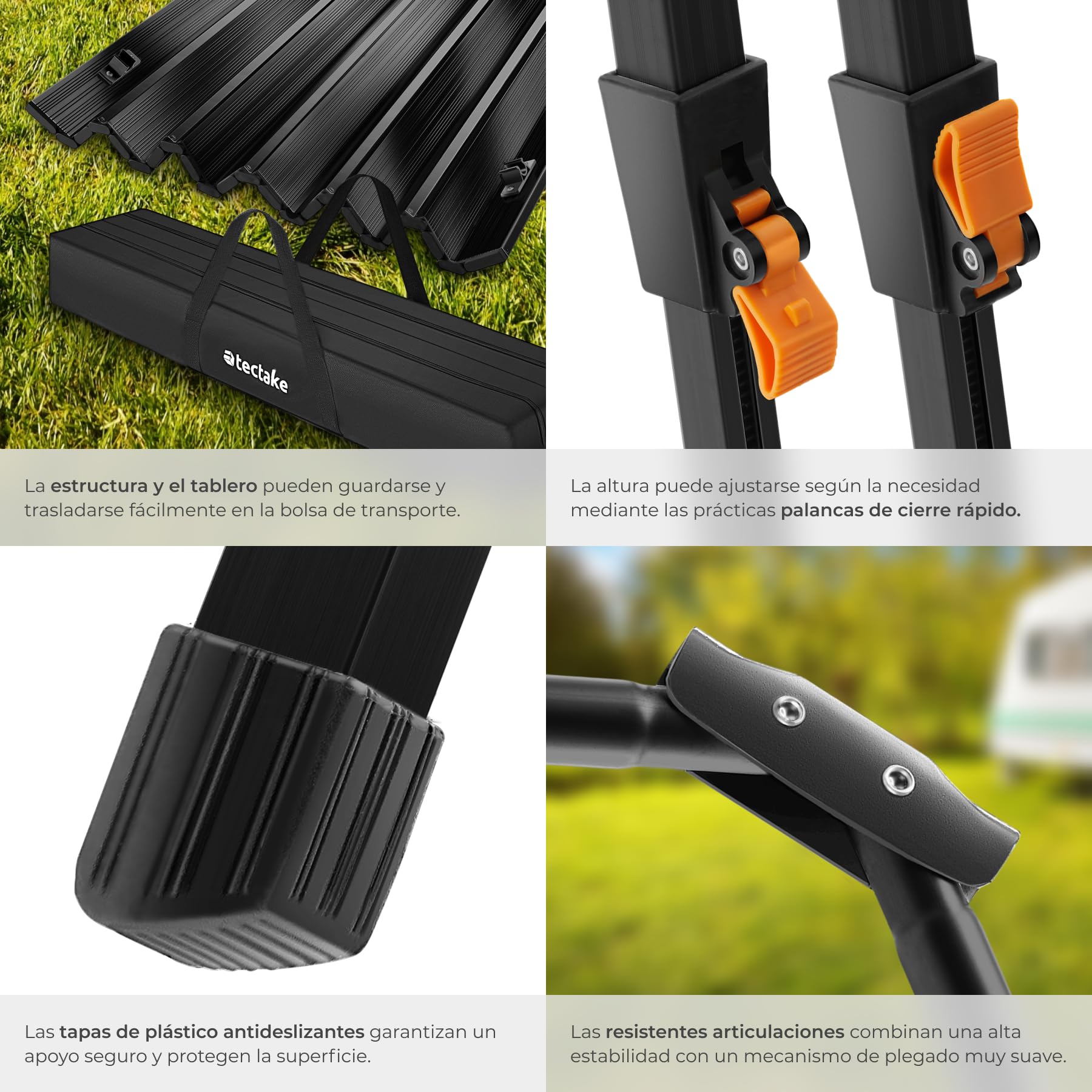tectake® Mesa Camping Plegable con Altura Ajustable, Mesa Auxiliar de Aluminio con Topes, Mesa Exterior para Jardín, Terraza, Picnic, con Red Almacenamiento y Bolsa de Transporte, 120x70,5x79 - Negra
