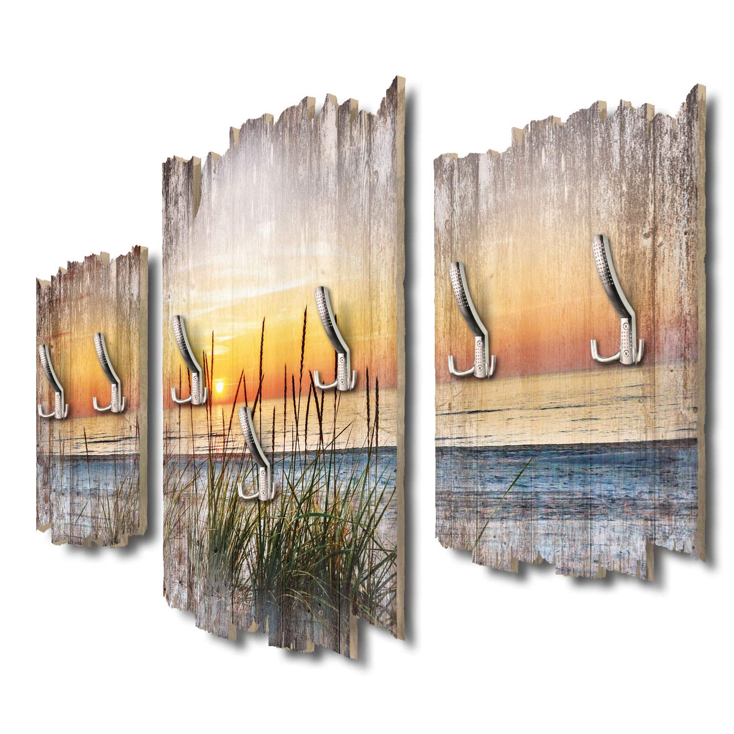Kreative Feder 3-teilige Designer Wandgarderobe Abendspaziergang am Strand - Flurgarderobe Wandpaneele Größe 95x60cm aus MDF (Abendspaziergang am Strand)