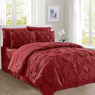 Elegant Comfort Pinch Plisado Incluye Juego de sábanas Inteligentes de 4 Piezas, Falda de Cama, edredón, Fundas de Almohada y Fundas a Juego, Microfibra, Rojo Vino, matrimonial/Queen