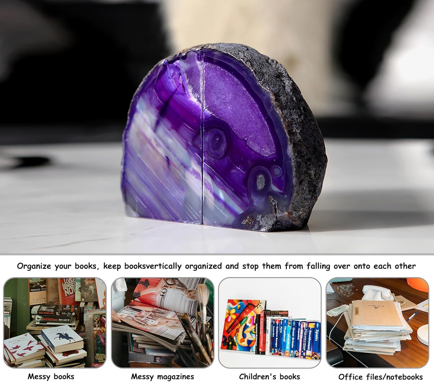 AMOYSTONE Purple Agate Bookends - Decorative Stone Book Holders for Hardback Book or Cookbooks, Stone Bookends 2-3 LBS with Rubber Bumpers, Unique Book Stoppers Home Office Decor