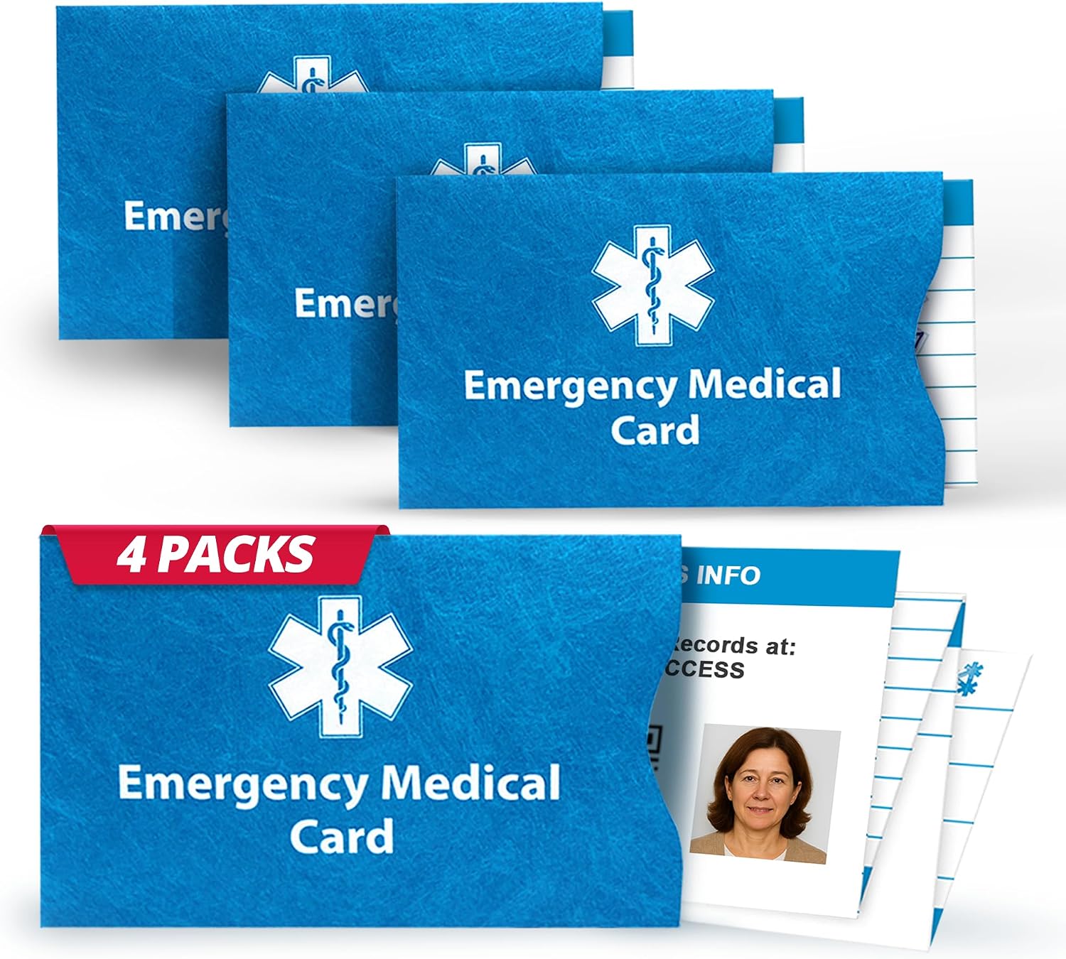 Universal Medical Data Emergency ID Med Cards - Six Easy-to-Fill Panel Medical Cards for Wallet with Tyvek Sleeves & Star of Life Symbol Design for Emergency List, Allergy & Prescriptions - Pack of 4