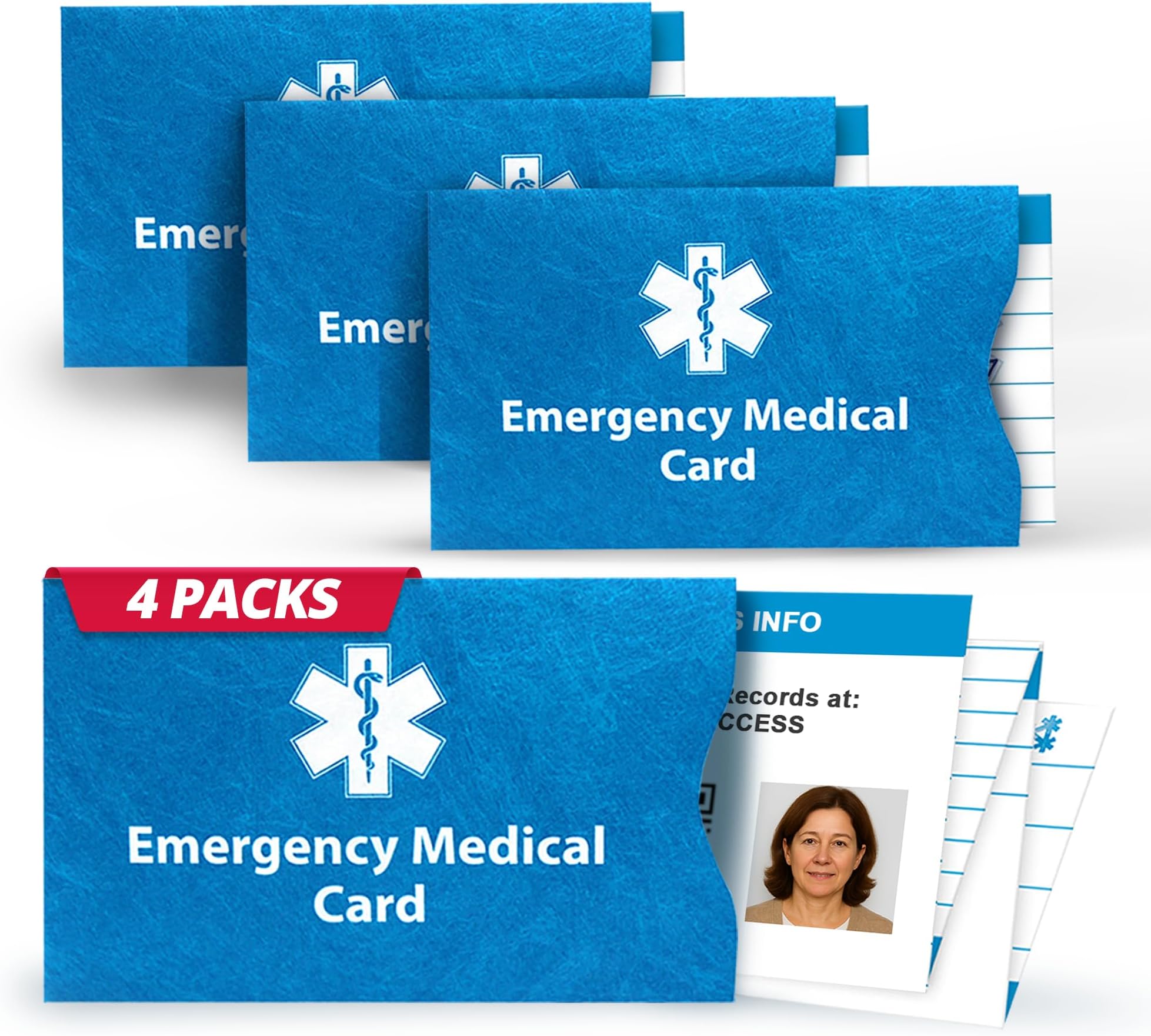 Pack of 4 Emergency Medical ID Cards and Tyvek Sleeves ***BONUS*** Silicone In Case of Emergency Medical Card Holder
