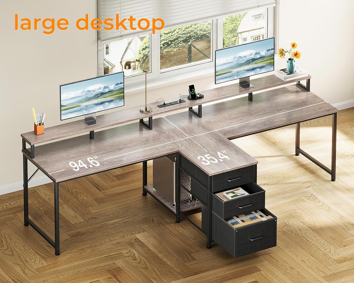 Coleshome 94" Two Person Computer Desk with Power Outlet & USB Ports, Extra Long Home Office Desk with Fabric Drawers, File Cabinet & Monitor Stand, Oak Gray