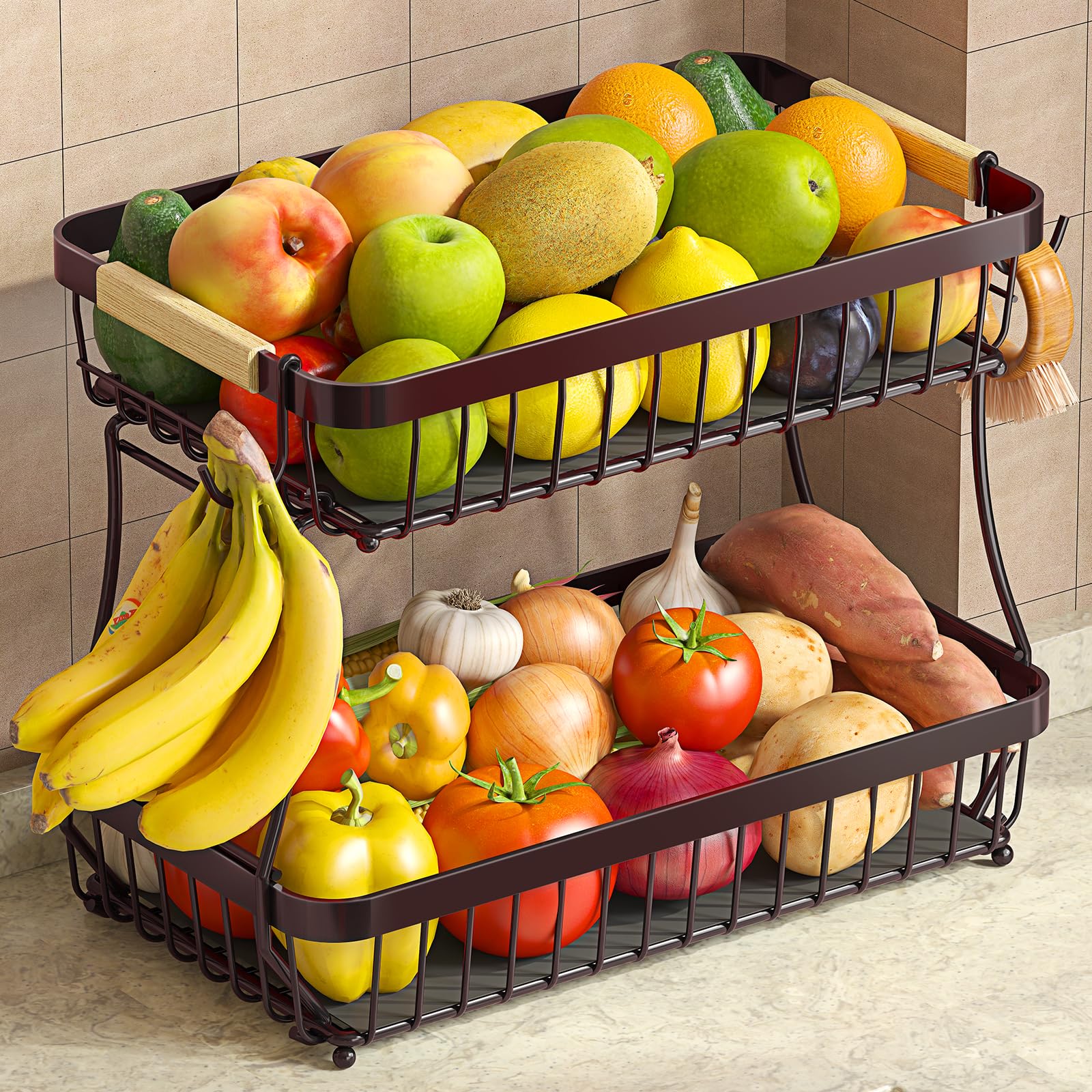 2 Tier Large Fruit Basket for Kitchen Counter with 2 Mobile Banana Hangers, 2026 Pro Detachable Metal Fruit Bowl with Wooden Handle (Brown, 2 Tier Extra Large)